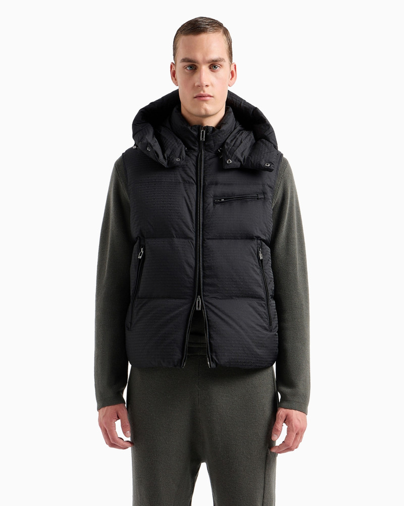 Zipped, hooded sleeveless down jacket in jacquard nylon with all-over logo lettering 2