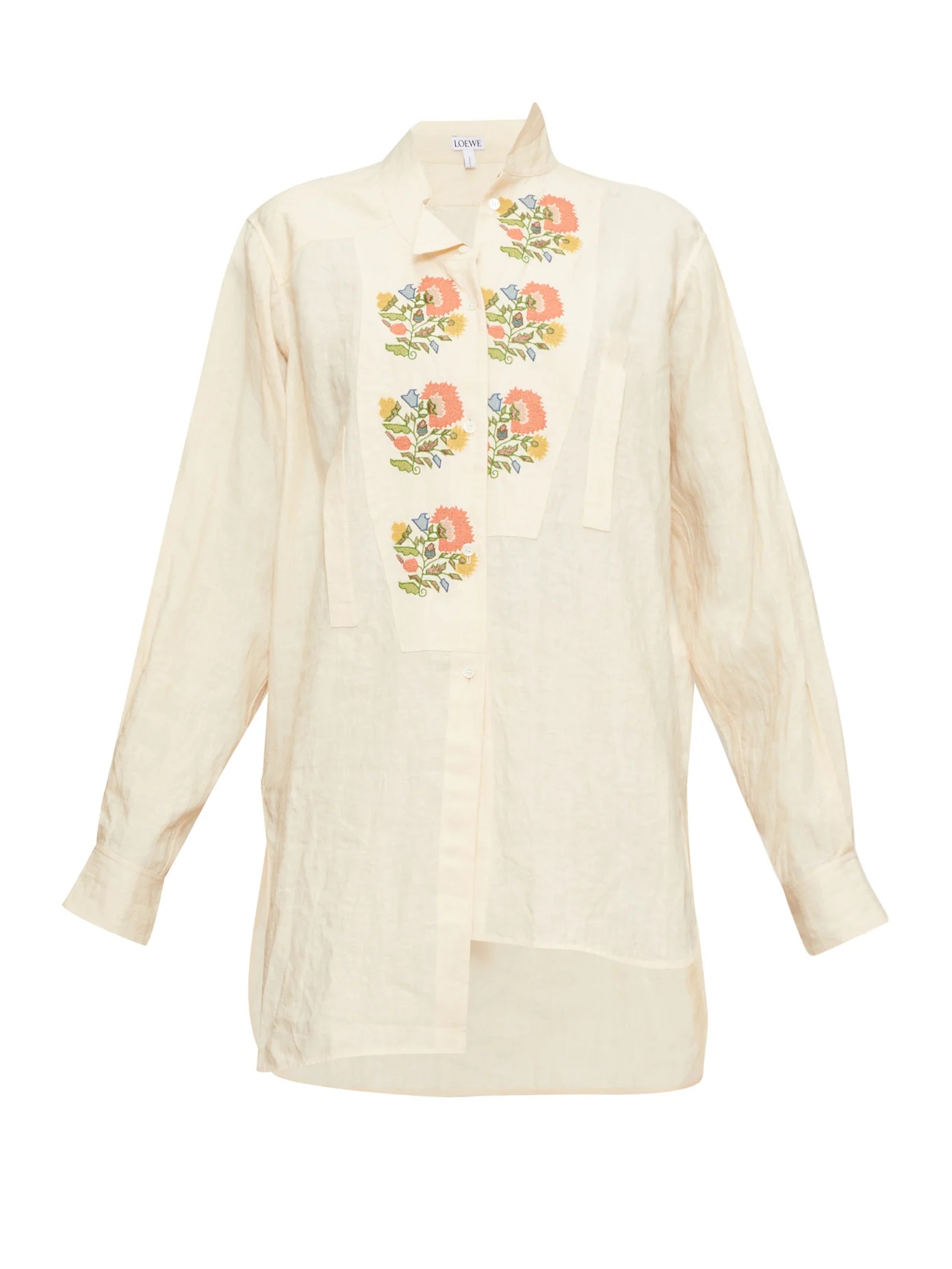 Asymmetric floral cross-stitch linen shirt - 1