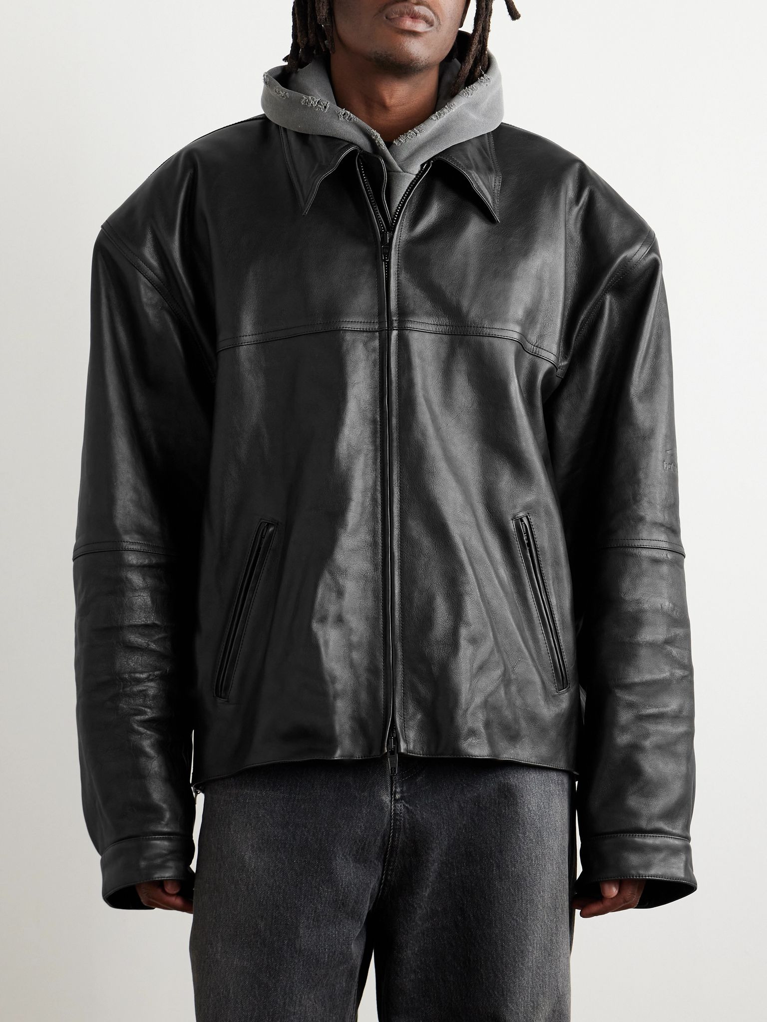 Cocoon Kick Oversized Logo-Debossed Leather Jacket Black - 3