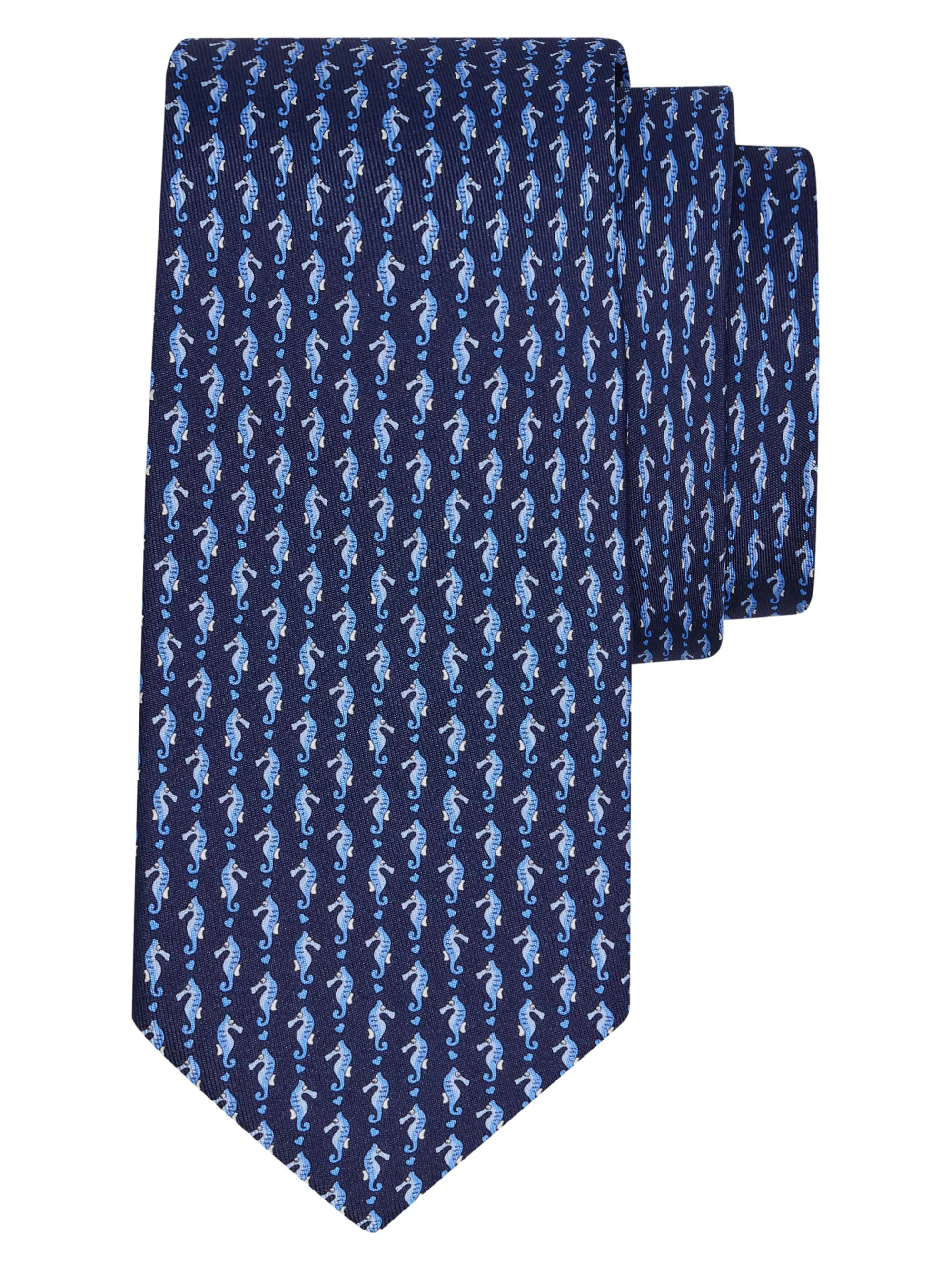 Men's Seahorse and Mini Hearts Silk Tie - Navy - 1