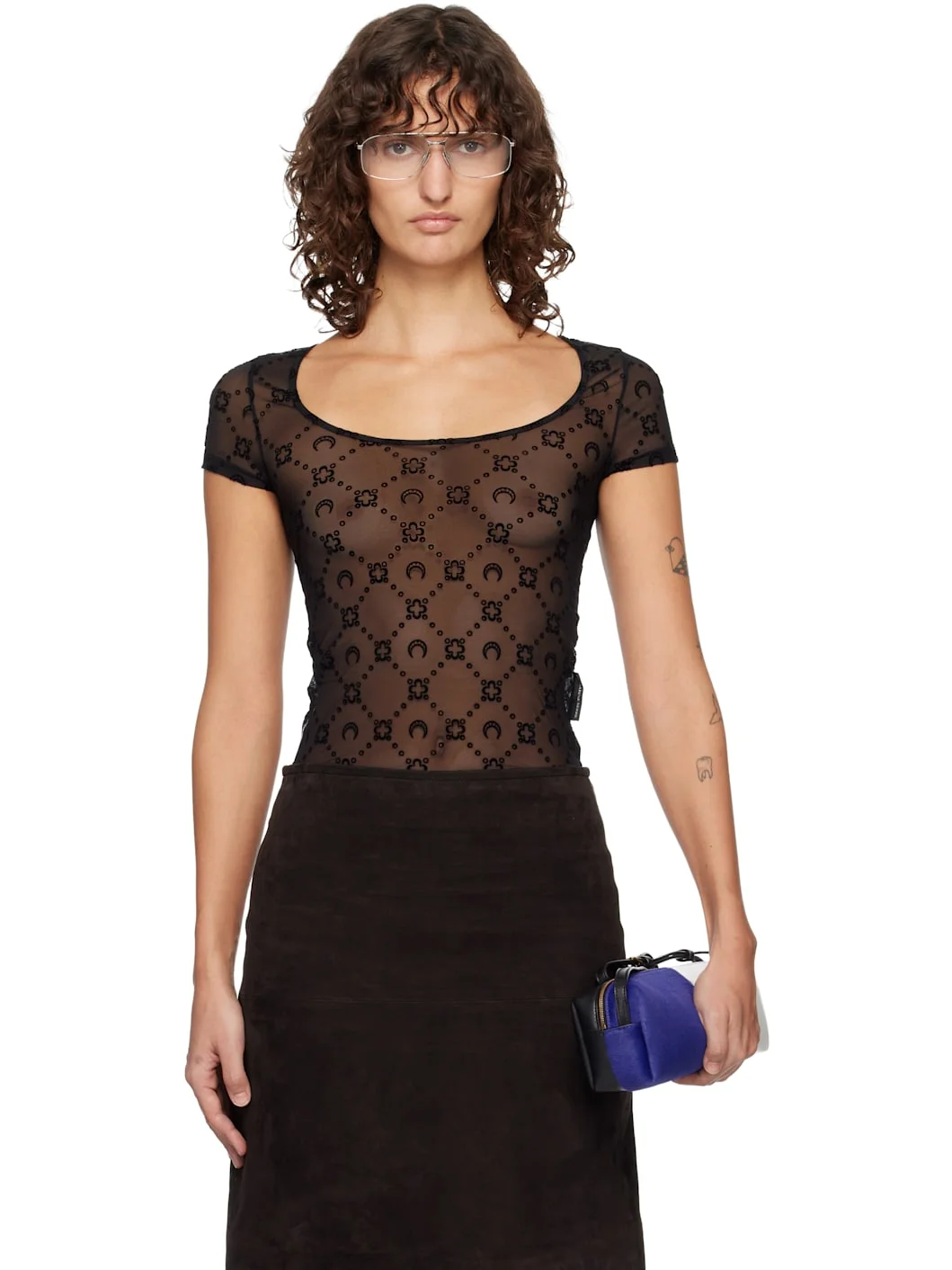 Black Recycled Mesh Flock Open Neck T-shirt - 1