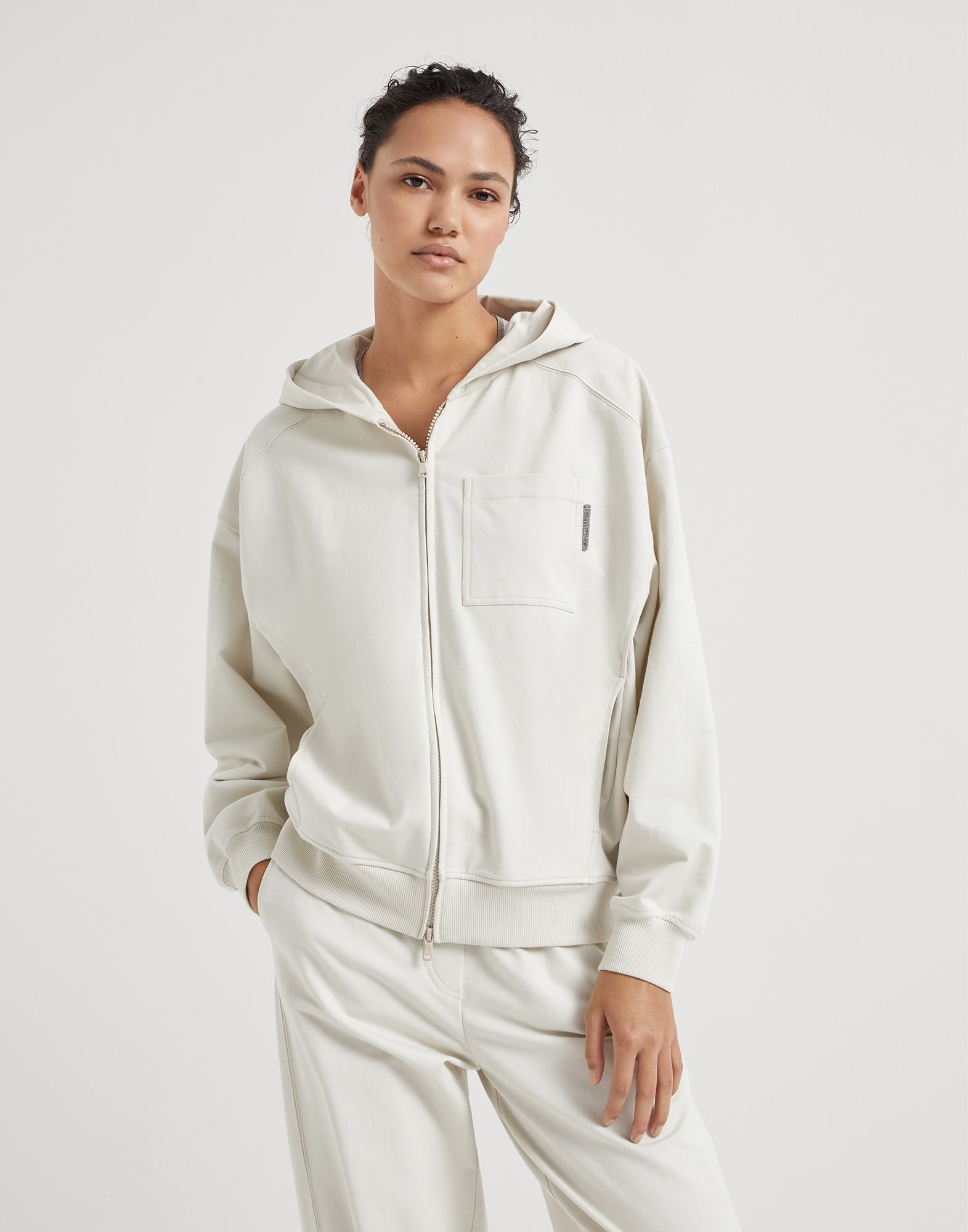 Stretch cotton lightweight French terry hooded sweatshirt with shiny tab - 1
