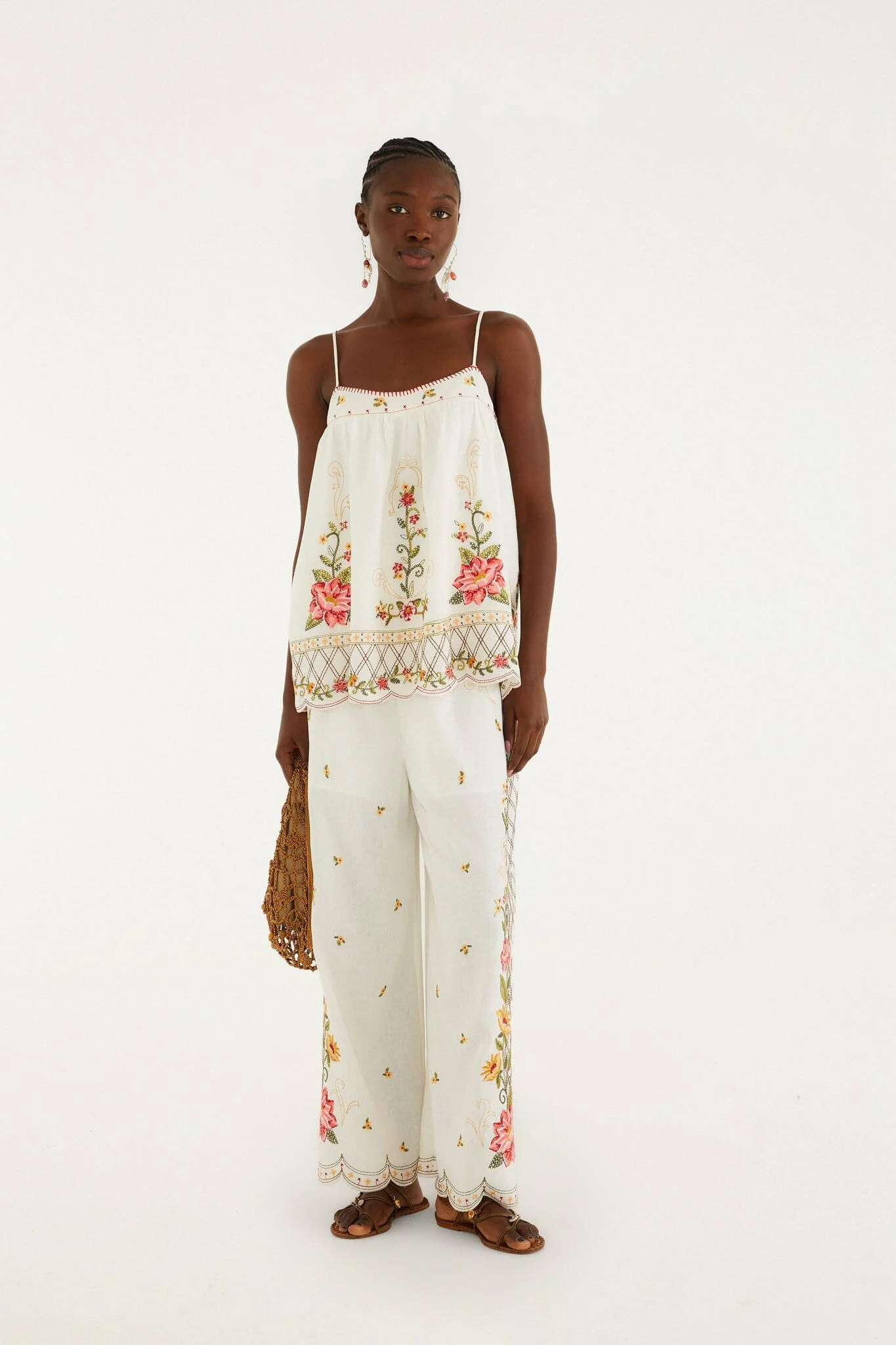 Pff-White Flower Embroidery Wide-Leg Pants - 1