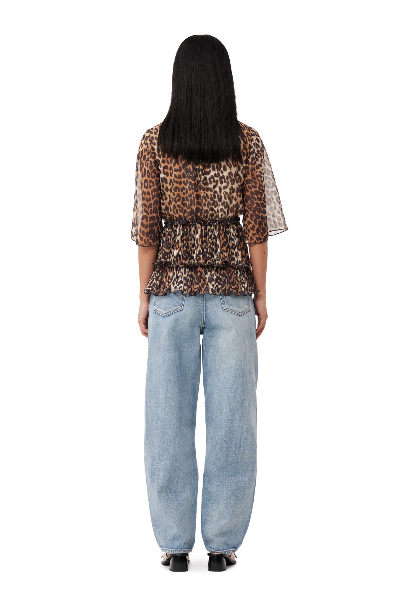 LEOPARD PLEATED GEORGETTE V-NECK FLOUNCE BLOUSE - 6