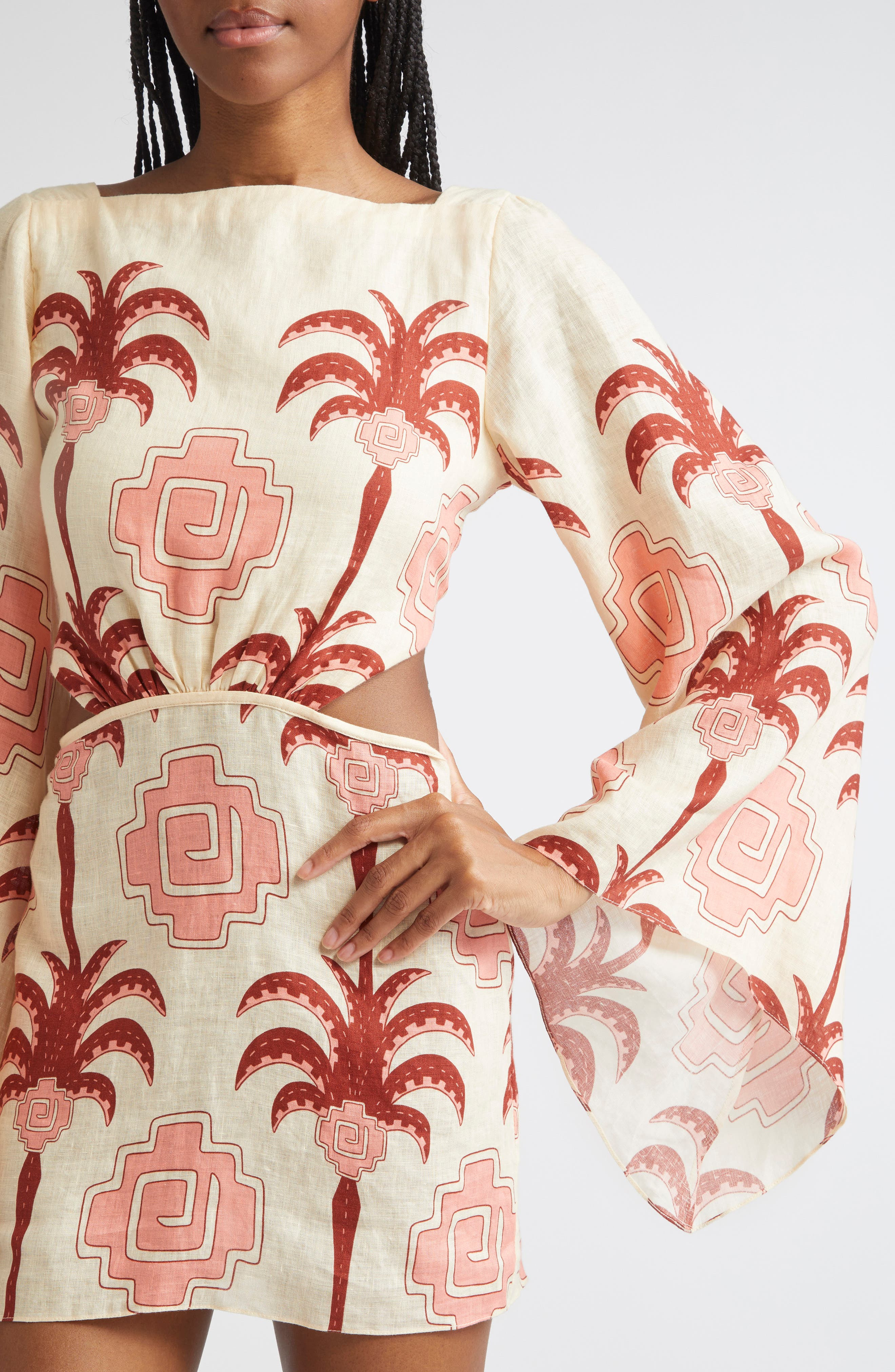 Johanna Ortiz Wave After Wave Long Sleeve Linen Minidress in Ecru /Paprika/Light Pink at Nordstrom - 4