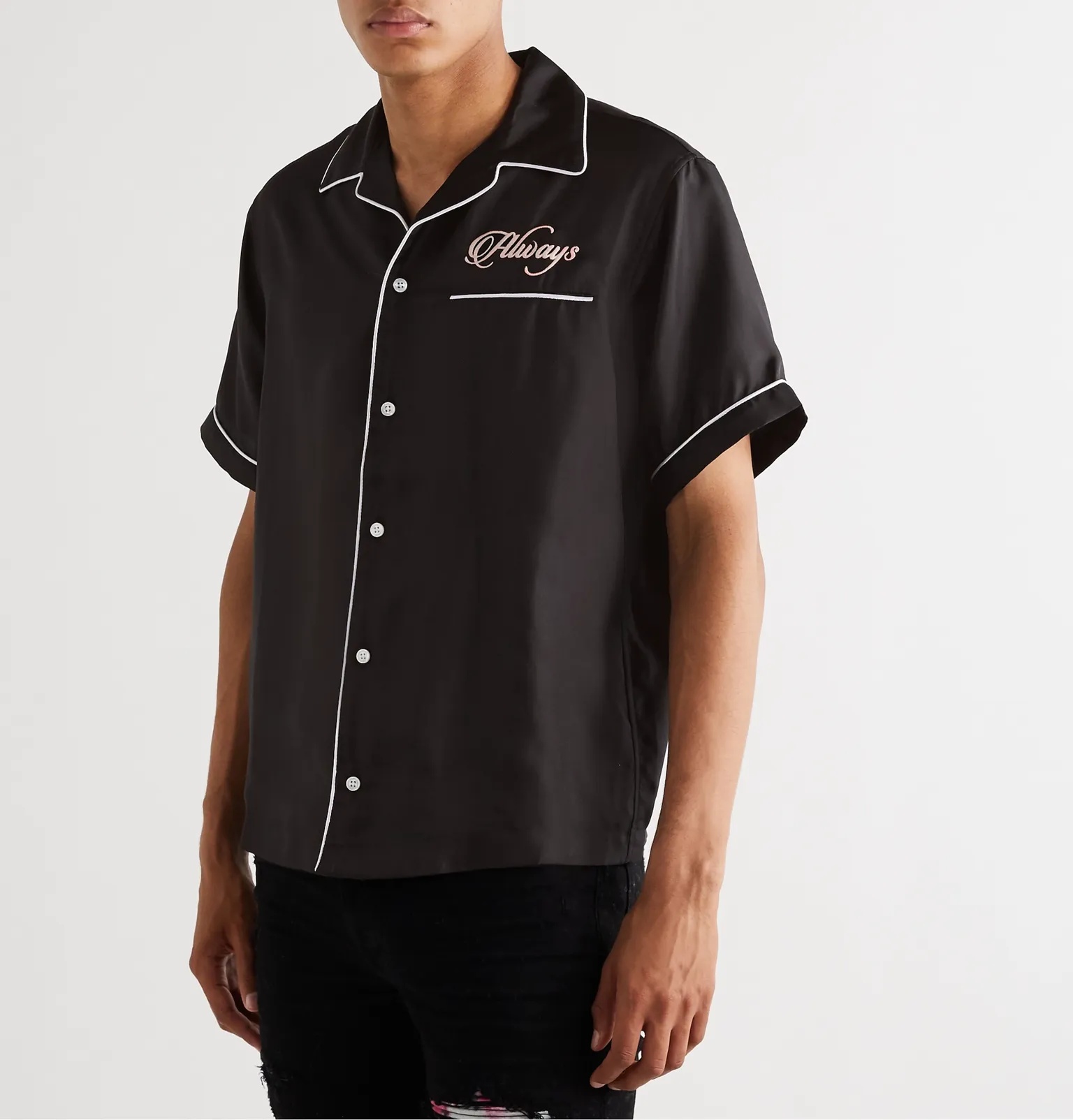 Camp-Collar Embroidered Silk-Satin Shirt - 4