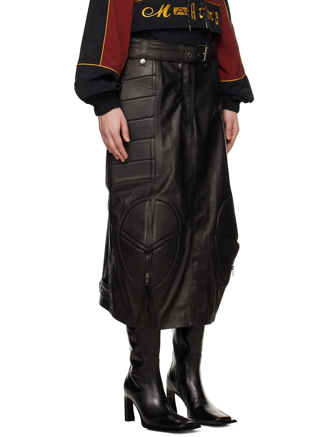 Black Biker Leather Midi Skirt - 2