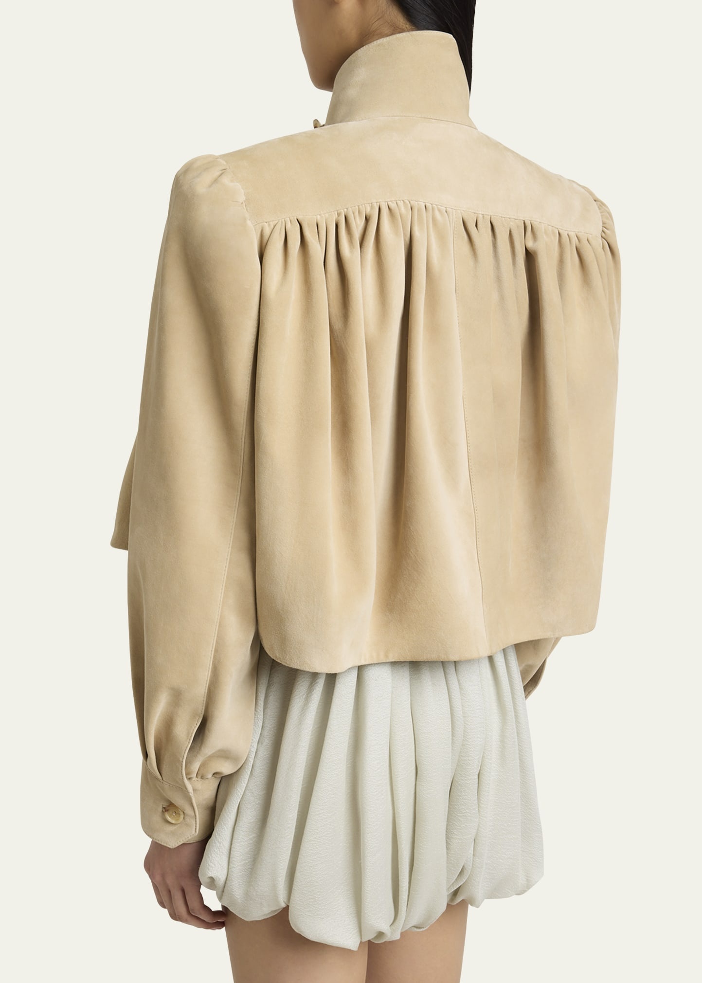 Suede High Neck Gathered Shoulder Cropped Jacket - 3