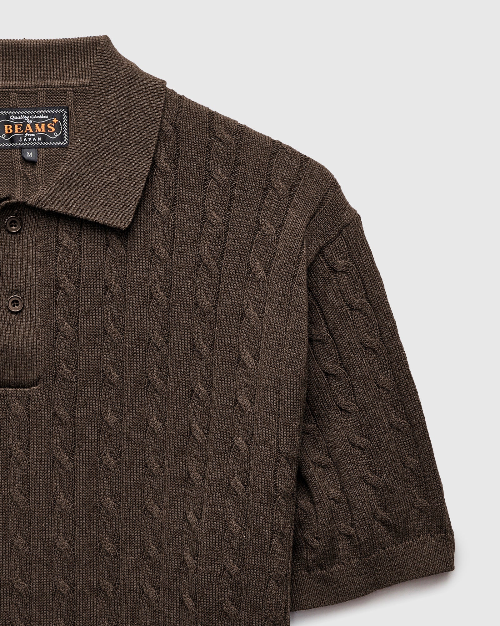 Cable Knit Polo Short Sleeve Sweater in Brown - 4