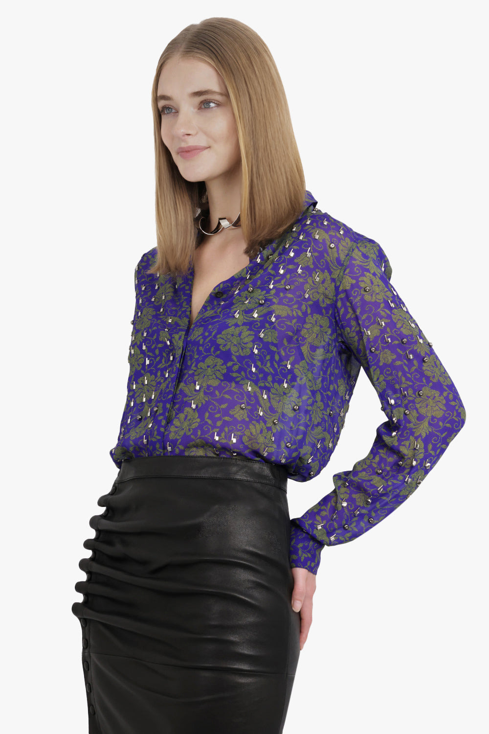 CHOWY FLORAL PRINT EMBELLISHED L/S SHIRT | PURPLE/GREEN - 7