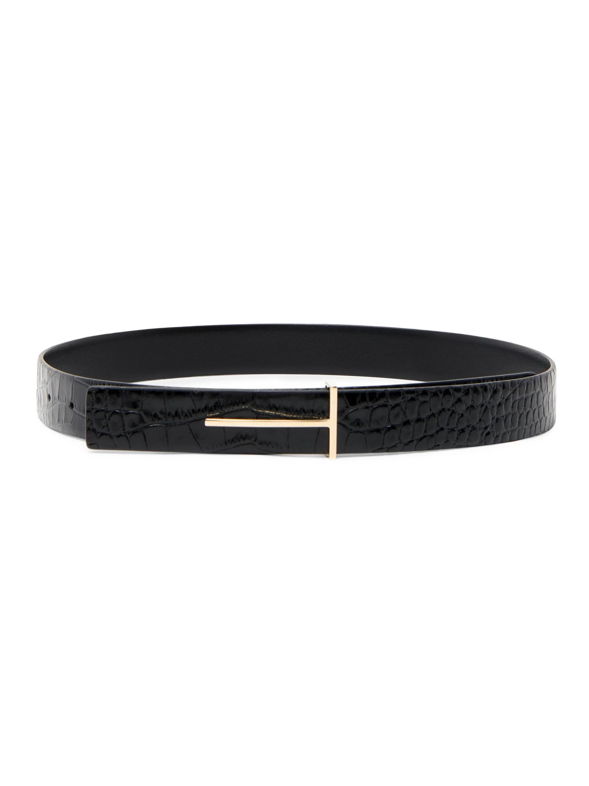 Women's Slim T Croc-Embossed Leather Belt - Black - 1