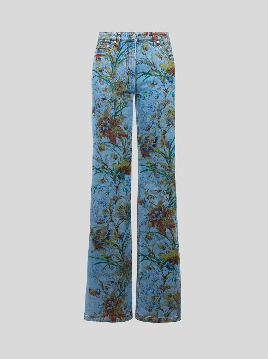FLARED COTTON DENIM JEANS WITH FLORAL MOTIF - 1