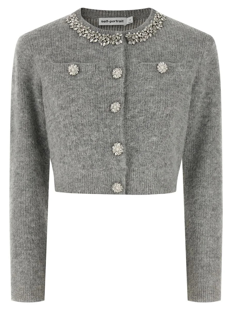 Self-Portrait 'Grey Fluffy Crystal Trim' Cardigan - 1
