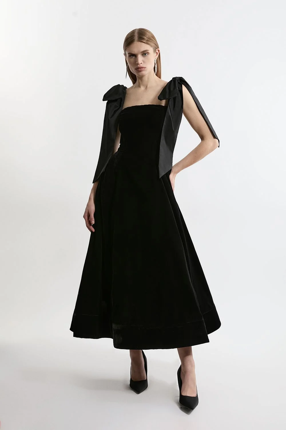 Velvet Bardot Woven Prom Midaxi Dress With Taffeta Bow - 1