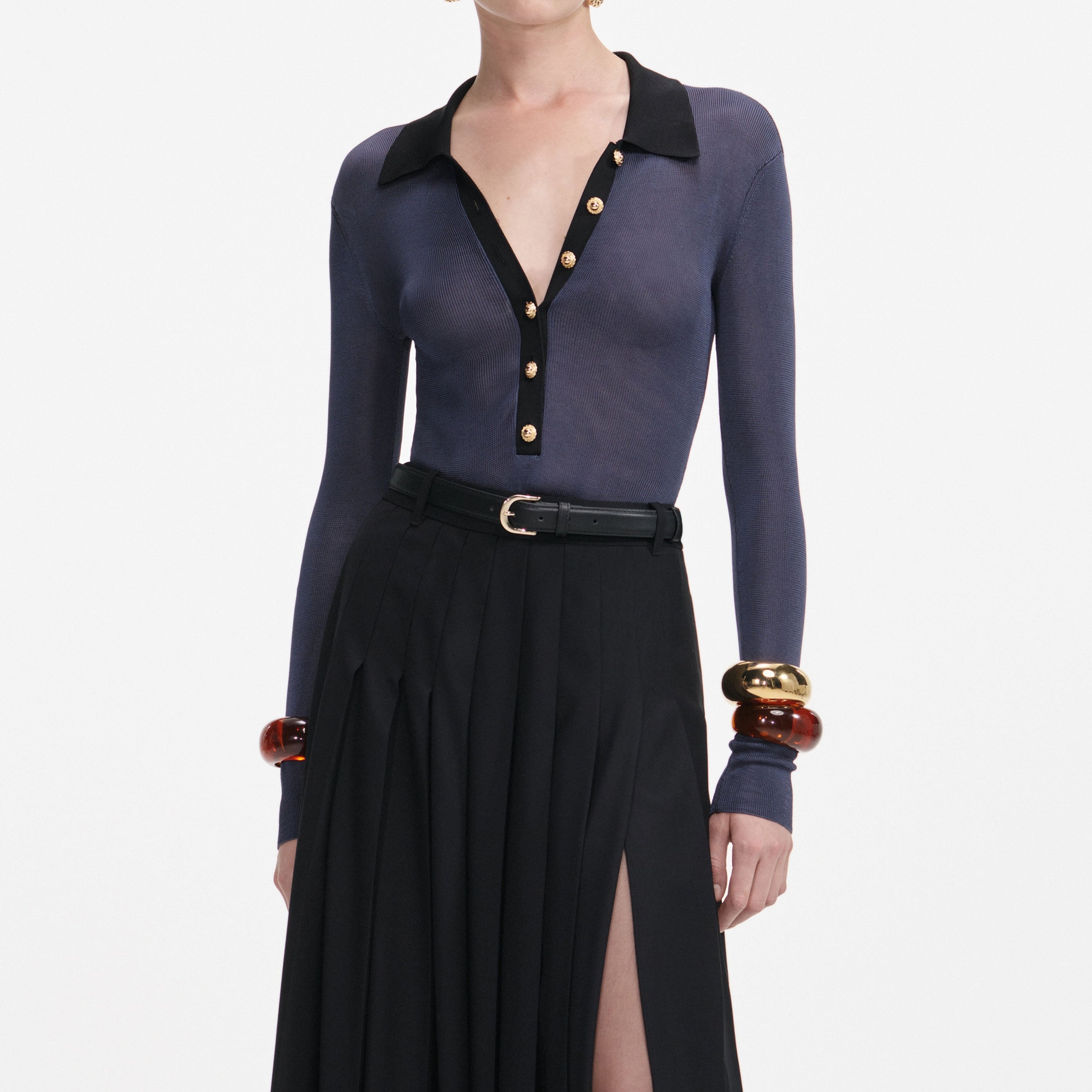 Black Pleated Twill Maxi Skirt - 4