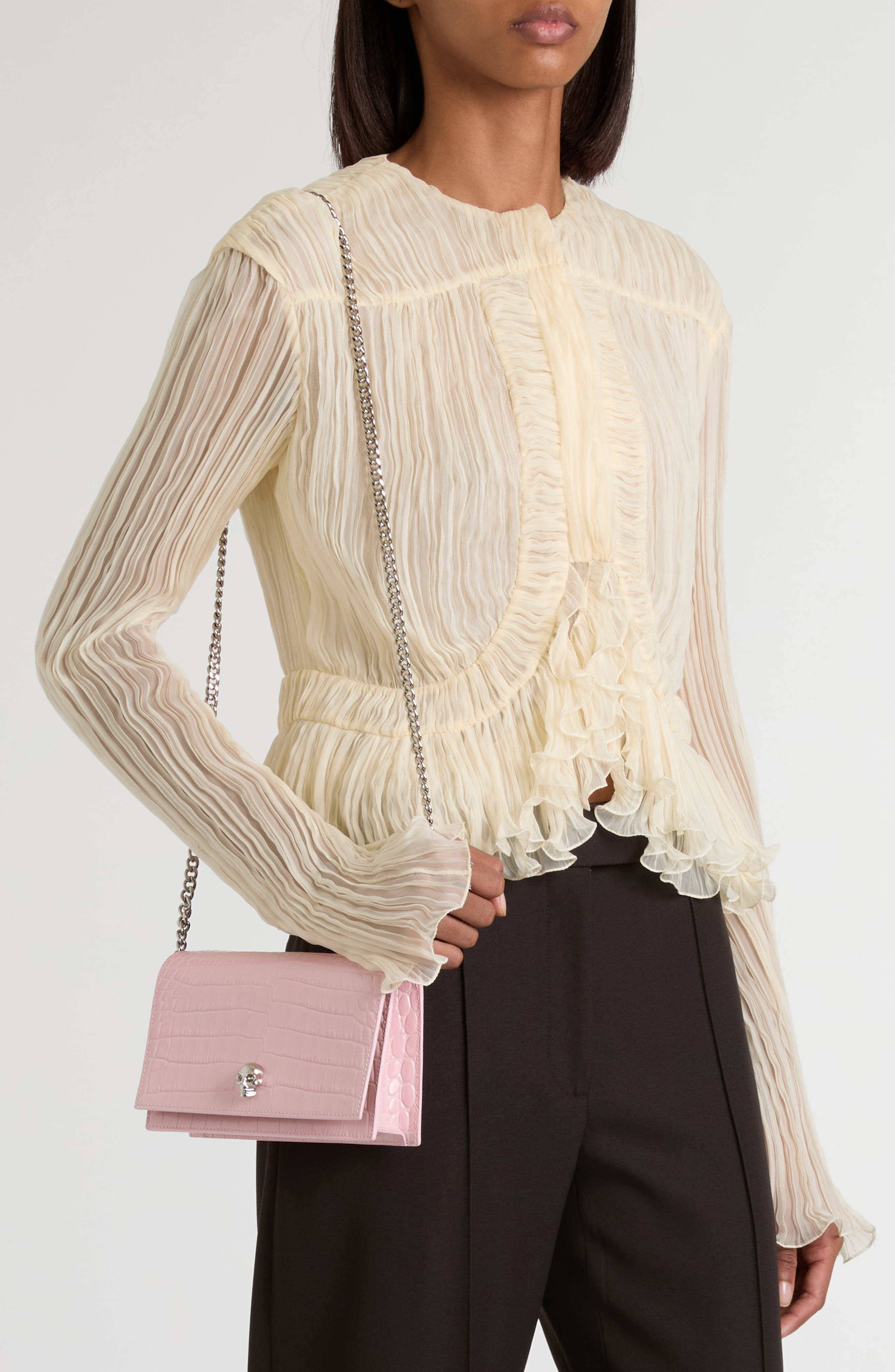 Alexander McQueen Mini Skull Croc Embossed Leather Shoulder Bag in Rose/Silver at Nordstrom - 2