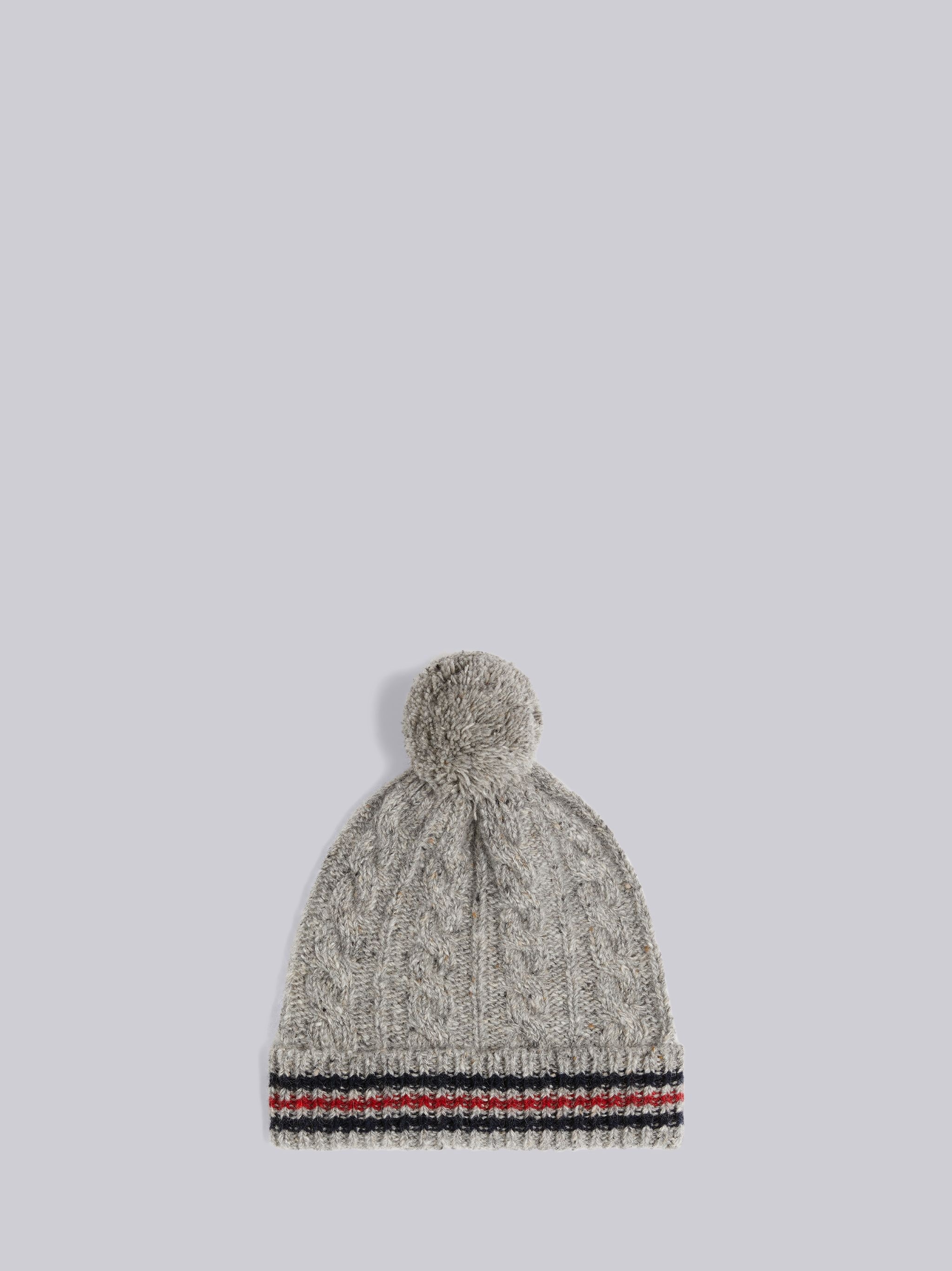 Light Grey Baby Cable Donegal Cricket Stripe Pom Pom Hat - 1