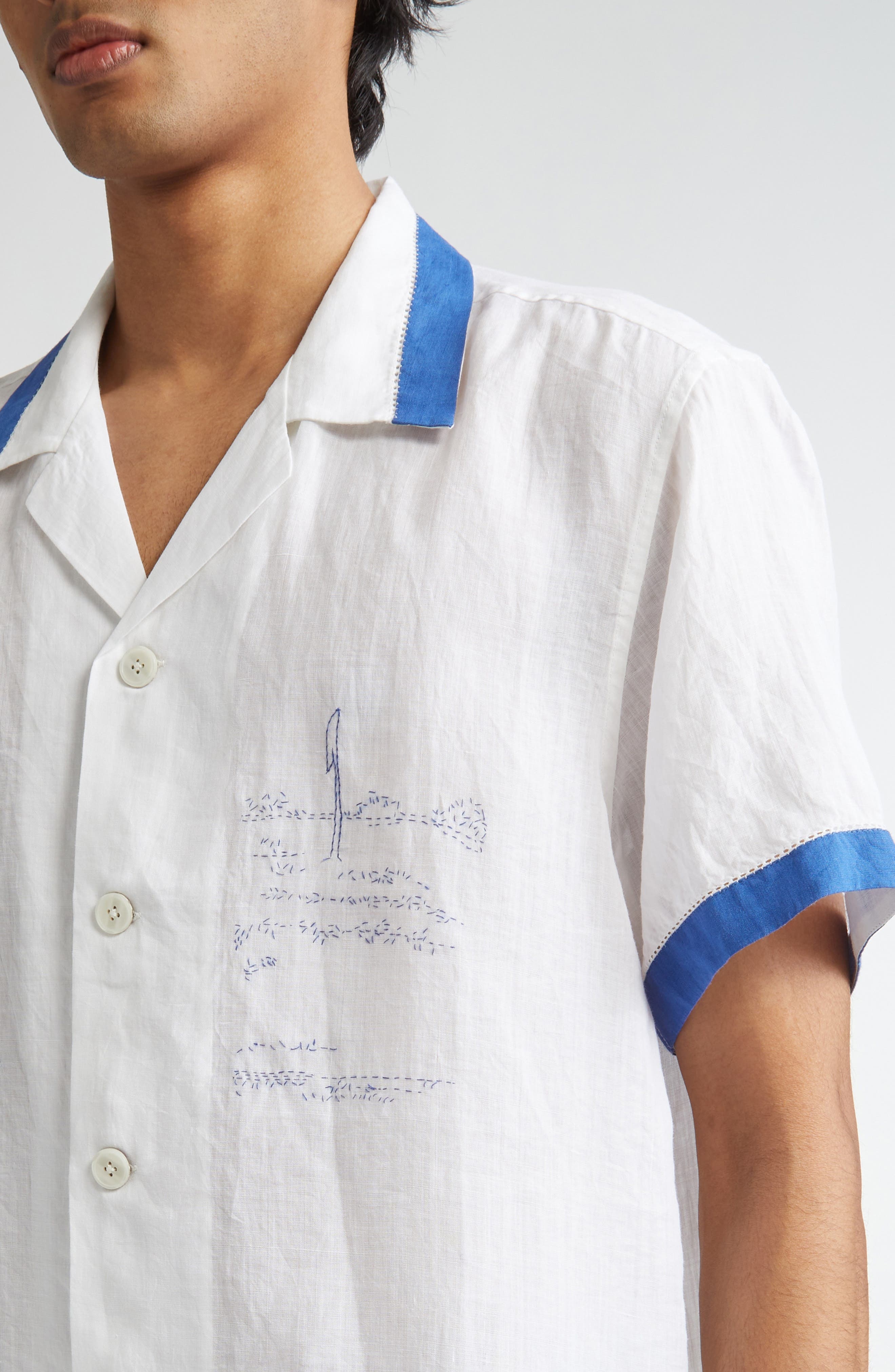 Bode Club Champion Short Sleeve Linen Camp Shirt in White/Blue at Nordstrom - 4