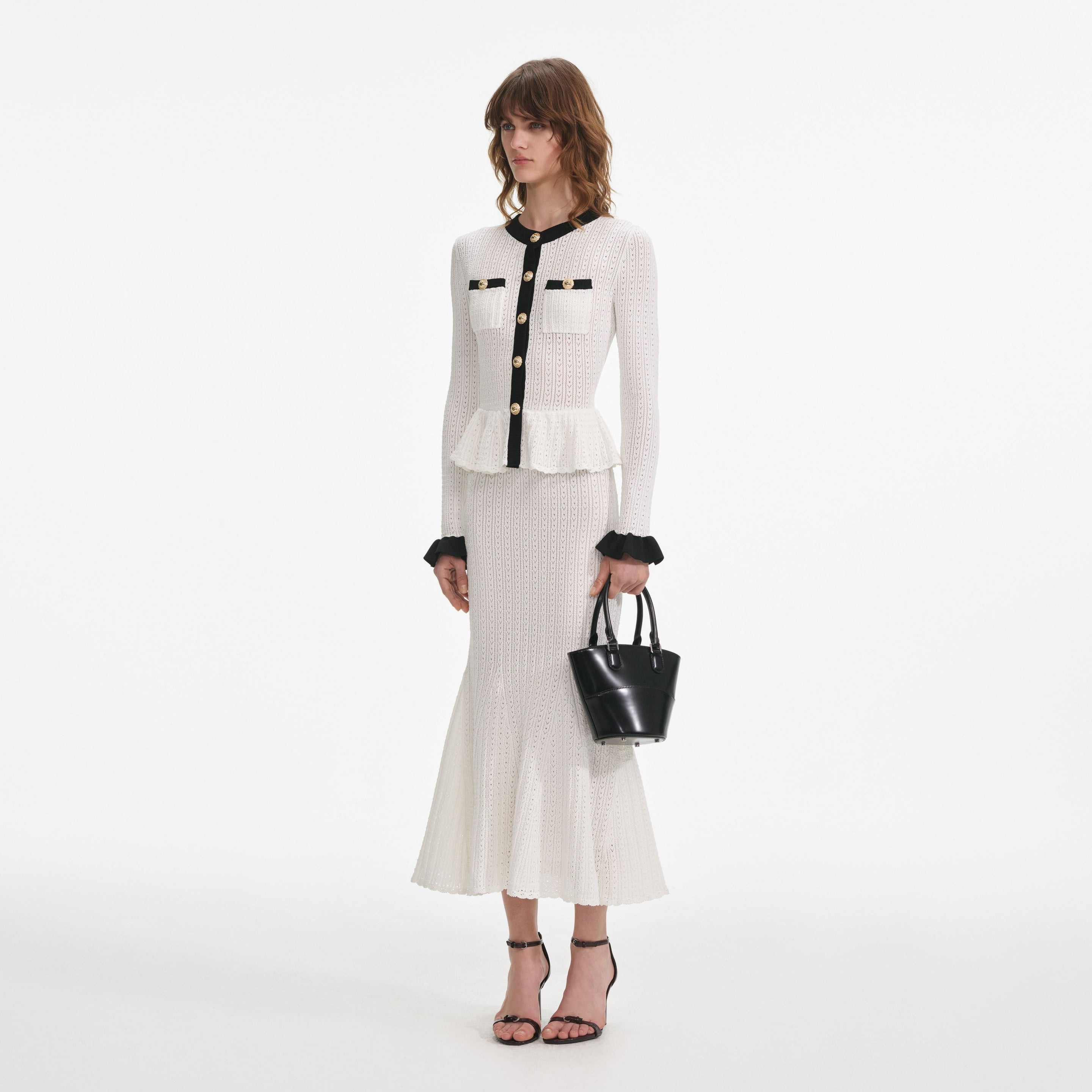 White Pointelle Knit Contrast Midi Dress - 2