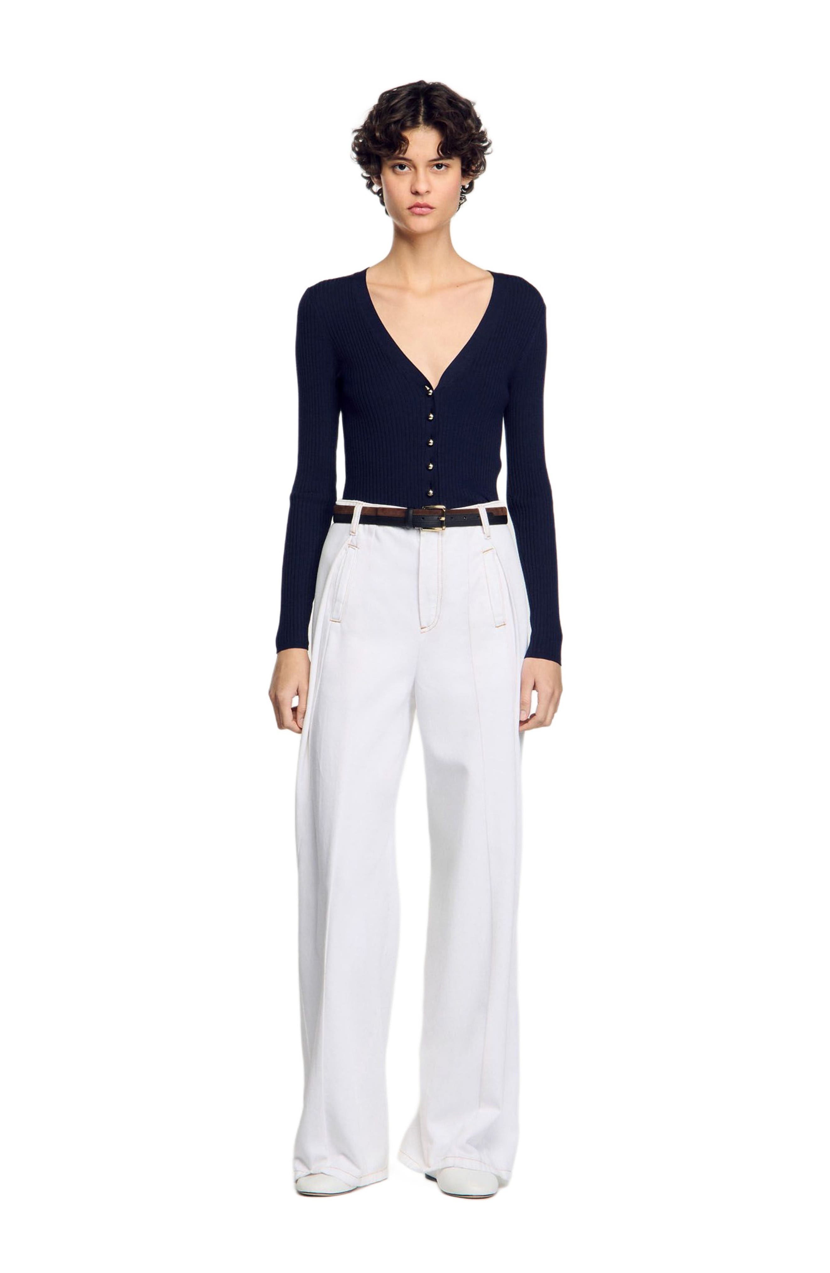 SANDRO Rib knit cardigan in Navy Blue at Nordstrom - 6