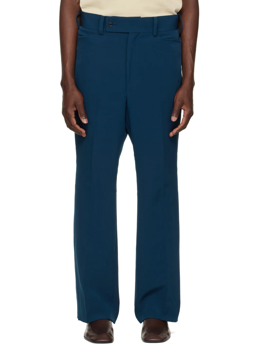 Navy Poly Light Double Cloth Boot-Cut Trousers - 1