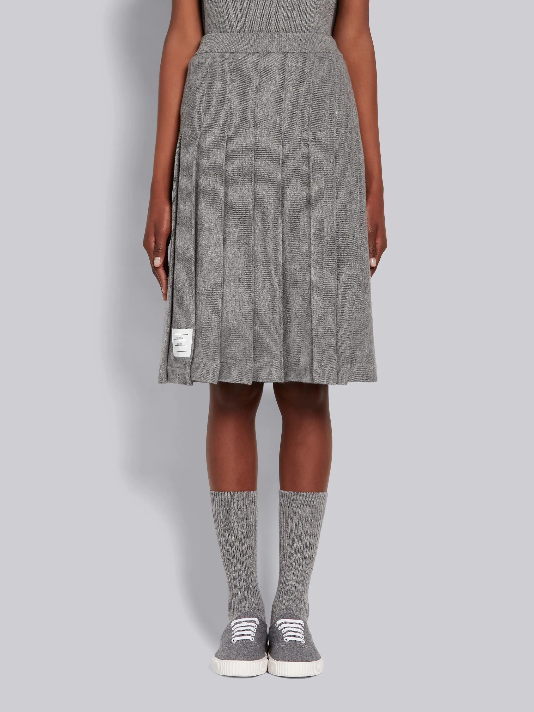 Light Grey Cashmere Pique Pleated Below-the-Knee Skirt - 1