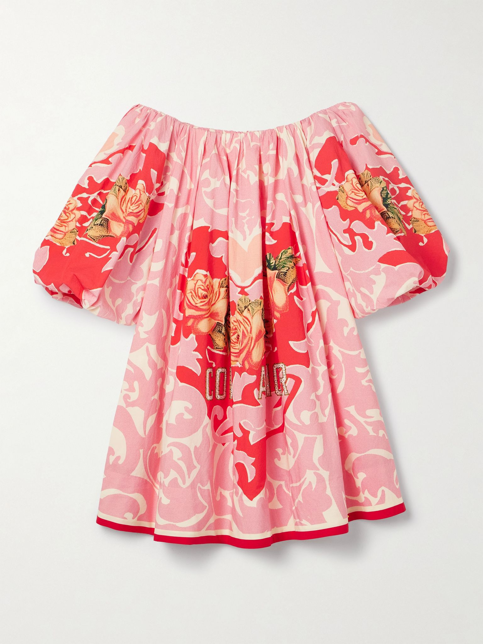 Off-the-shoulder crystal-embellished printed organic cotton-poplin mini dress Pink - 1