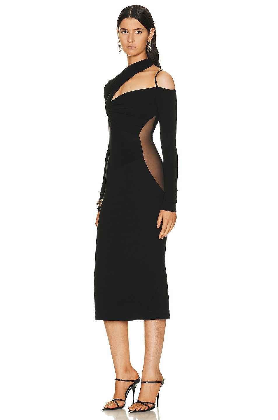 Gathered Asymmetrical Long Sleeve Midi Dress - 3