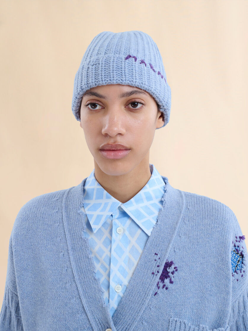 BLUE SHETLAND WOOL BEANIE WITH MARNI MENDING - 2