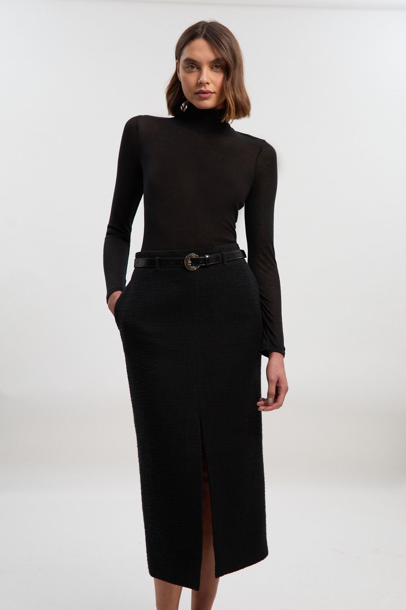 Petite Textured Tweed Tailored Belted Pencil Skirt 1