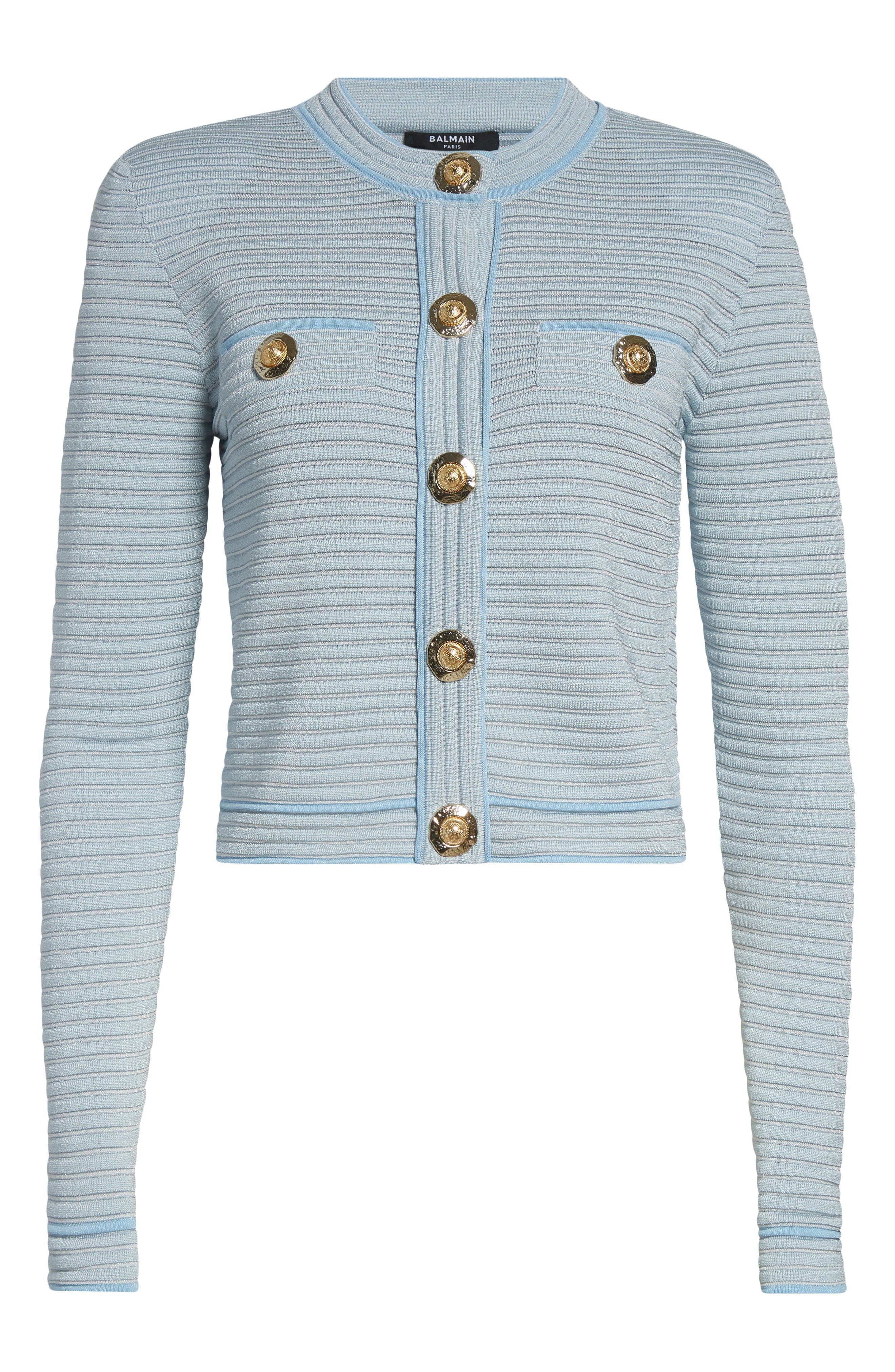 Balmain Long Sleeve Horizontal Rib Cardigan in Blue/White at Nordstrom - 6