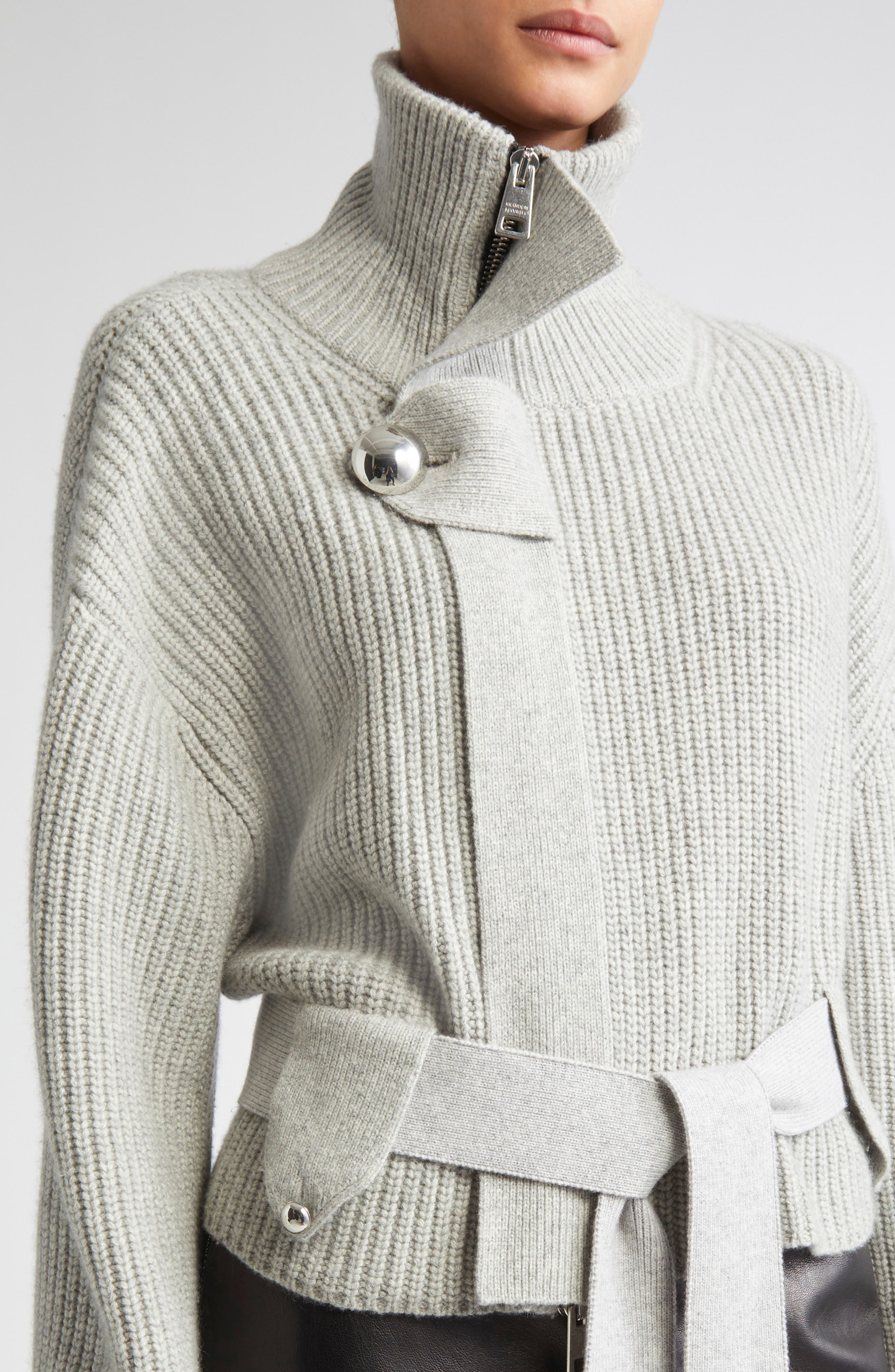 Brandon Maxwell The Neal Full Zip Belted Cardigan in Foggy at Nordstrom - 5