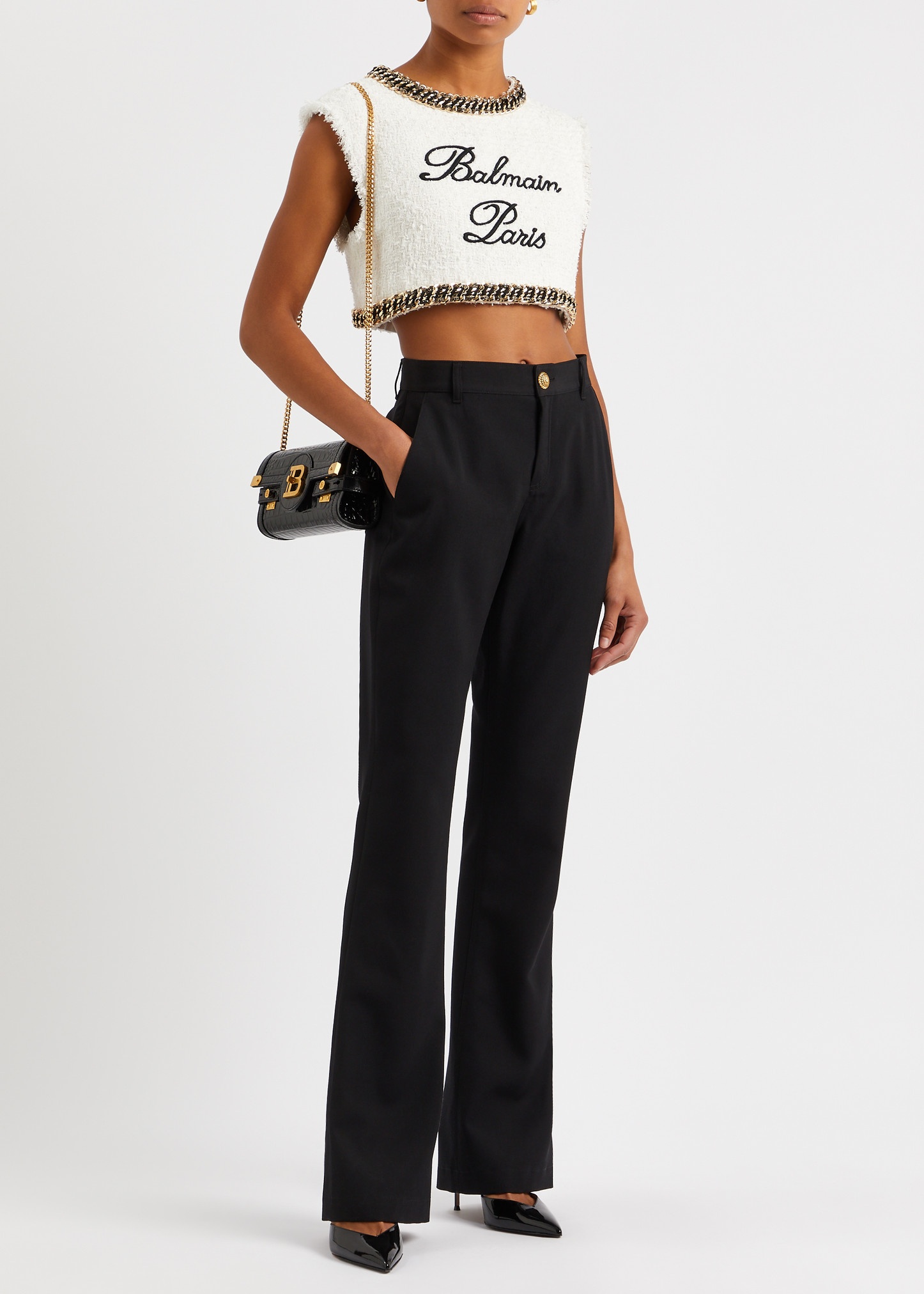 Logo-embroidered cropped tweed top - 4