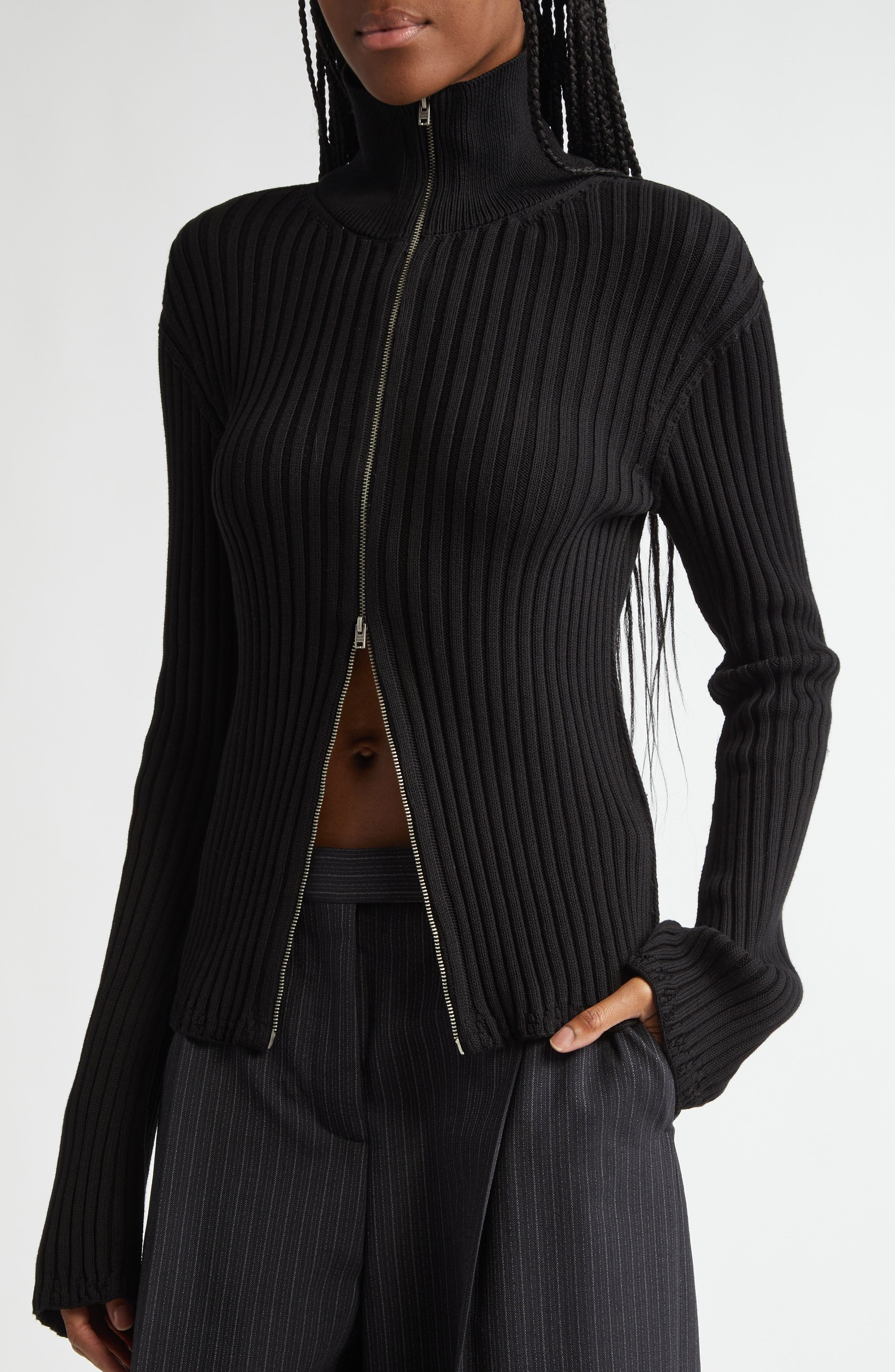 Acne Studios Koton Zip Cotton Rib Cardigan in Black 900 at Nordstrom - 5
