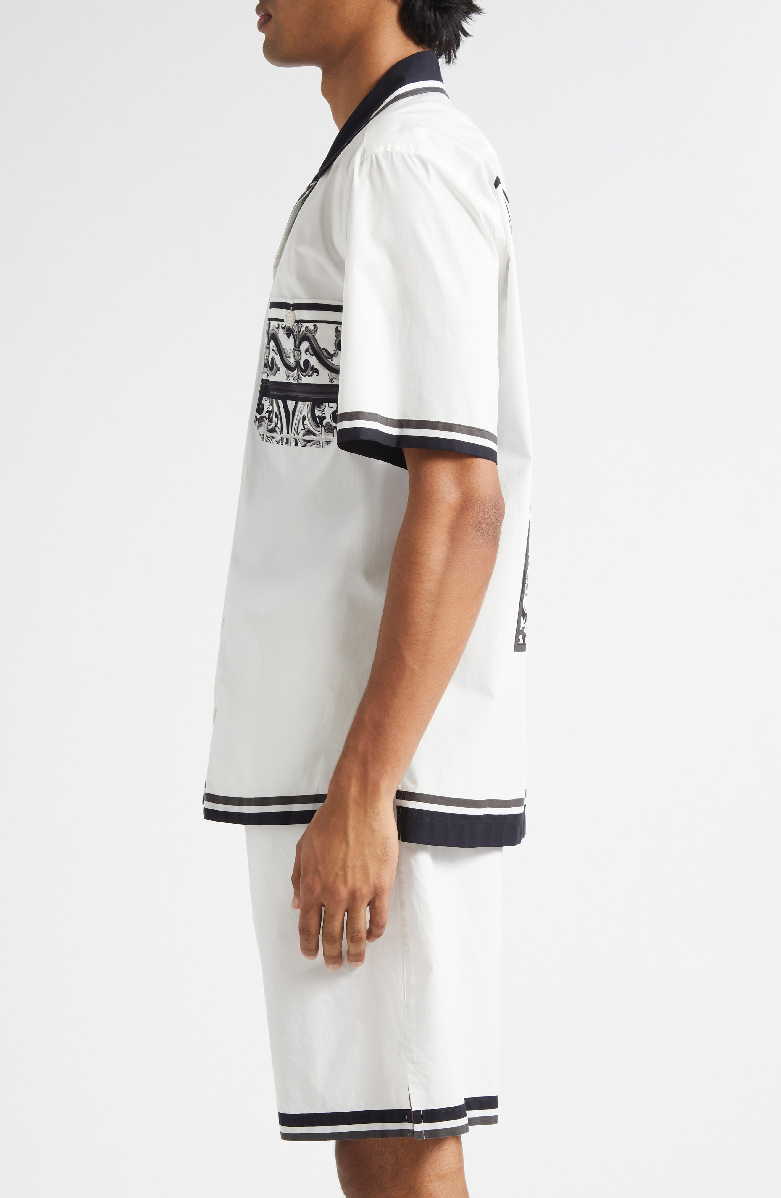 Dolce&Gabbana Majolica Print Cotton Poplin Camp Shirt in Hx5Dq Maiolica 3L Nero at Nordstrom - 4