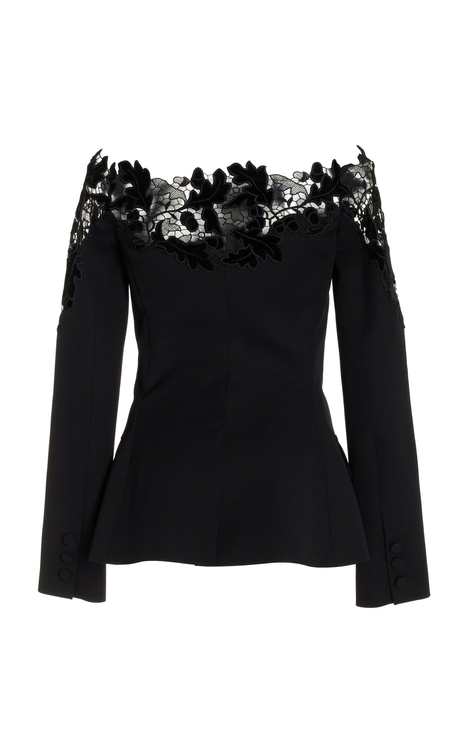 Off-Shoulder Velvet Guipure Lace Blazer Top black - 5