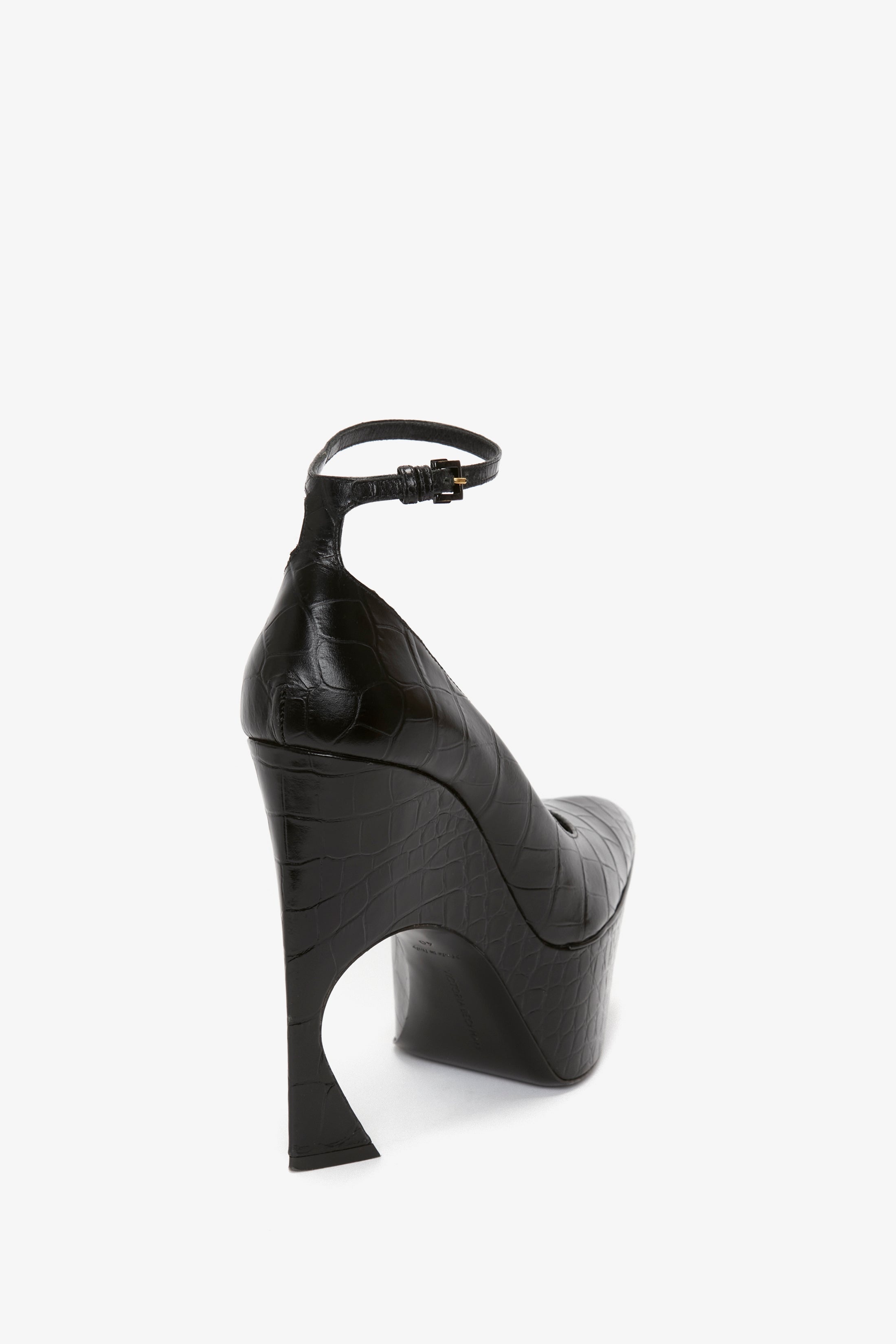 Ankle Strap Wedge Pump In Black Croc-Effect Leather - 3