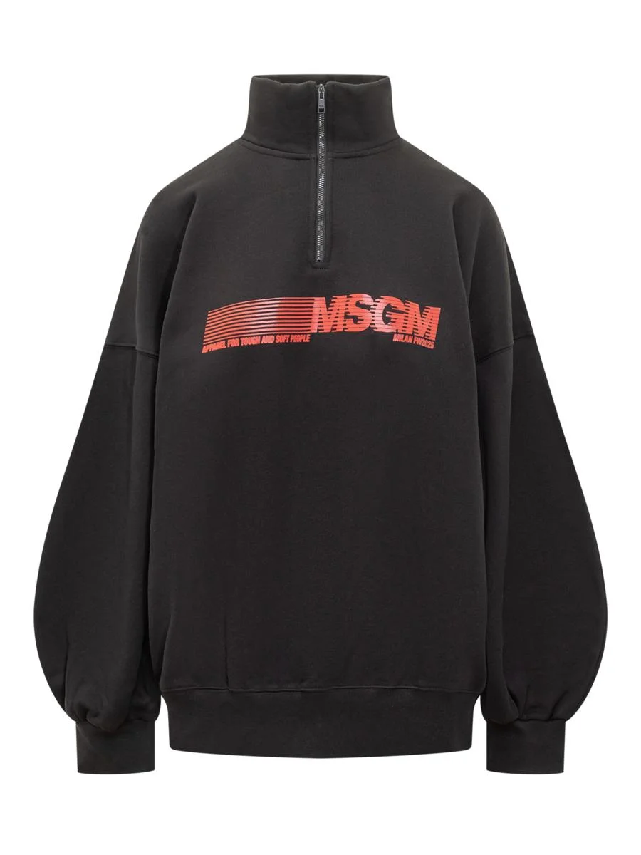 Msgm Msgm Black Sweatshirt With Zip And Red Logo - 1