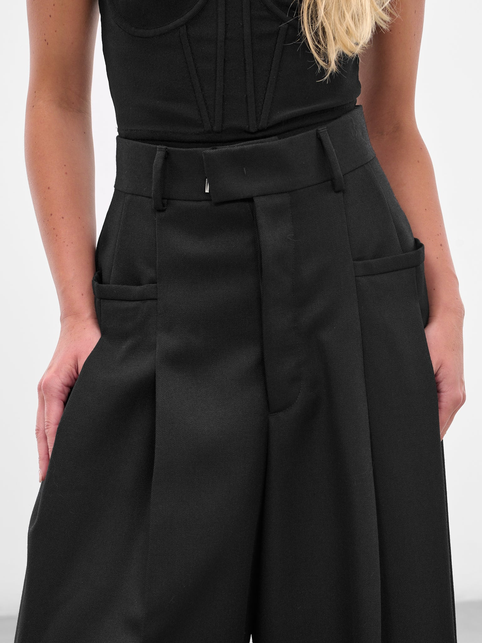 Black Wool Wide Leg Trousers - 5