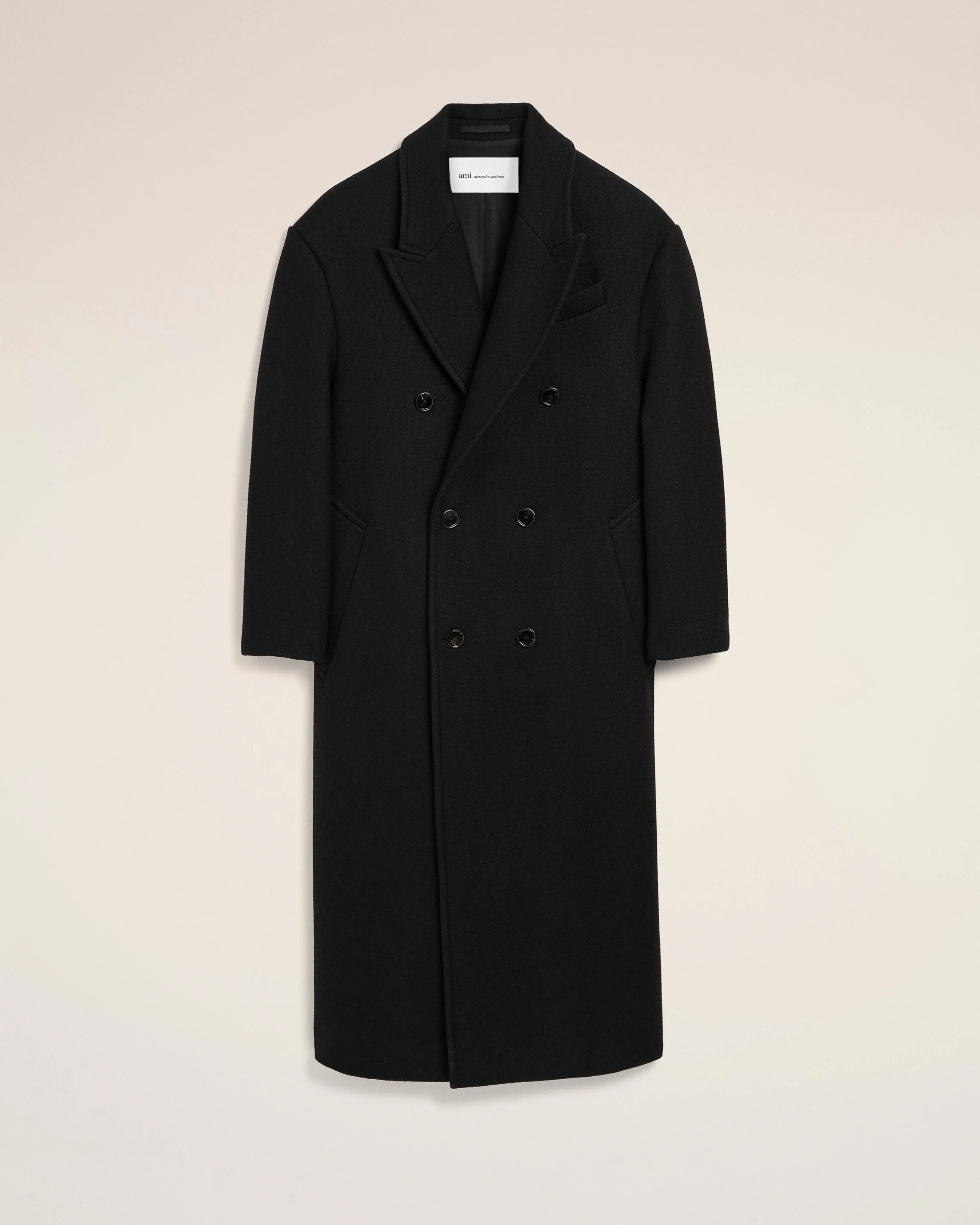 LONG BLACK DOUBLE BREASTED WOOL COAT - 1