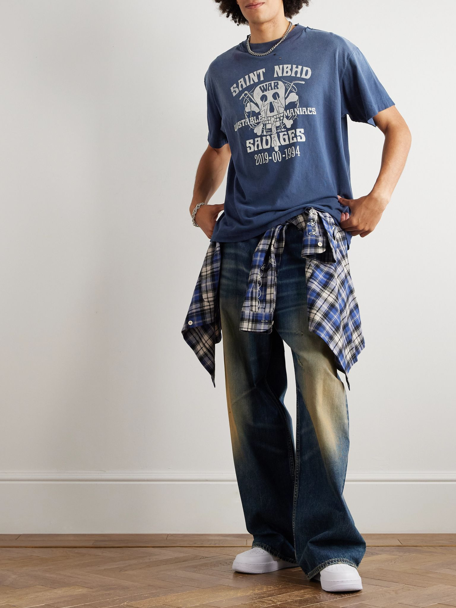 + Neighborhood Distressed Logo-Print Cotton-Jersey T-Shirt Navy - 2