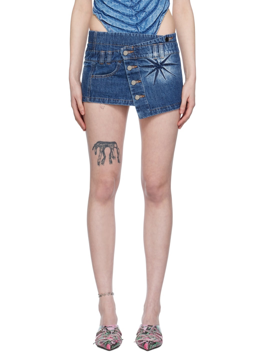 Blue Creased Denim Miniskirt - 1