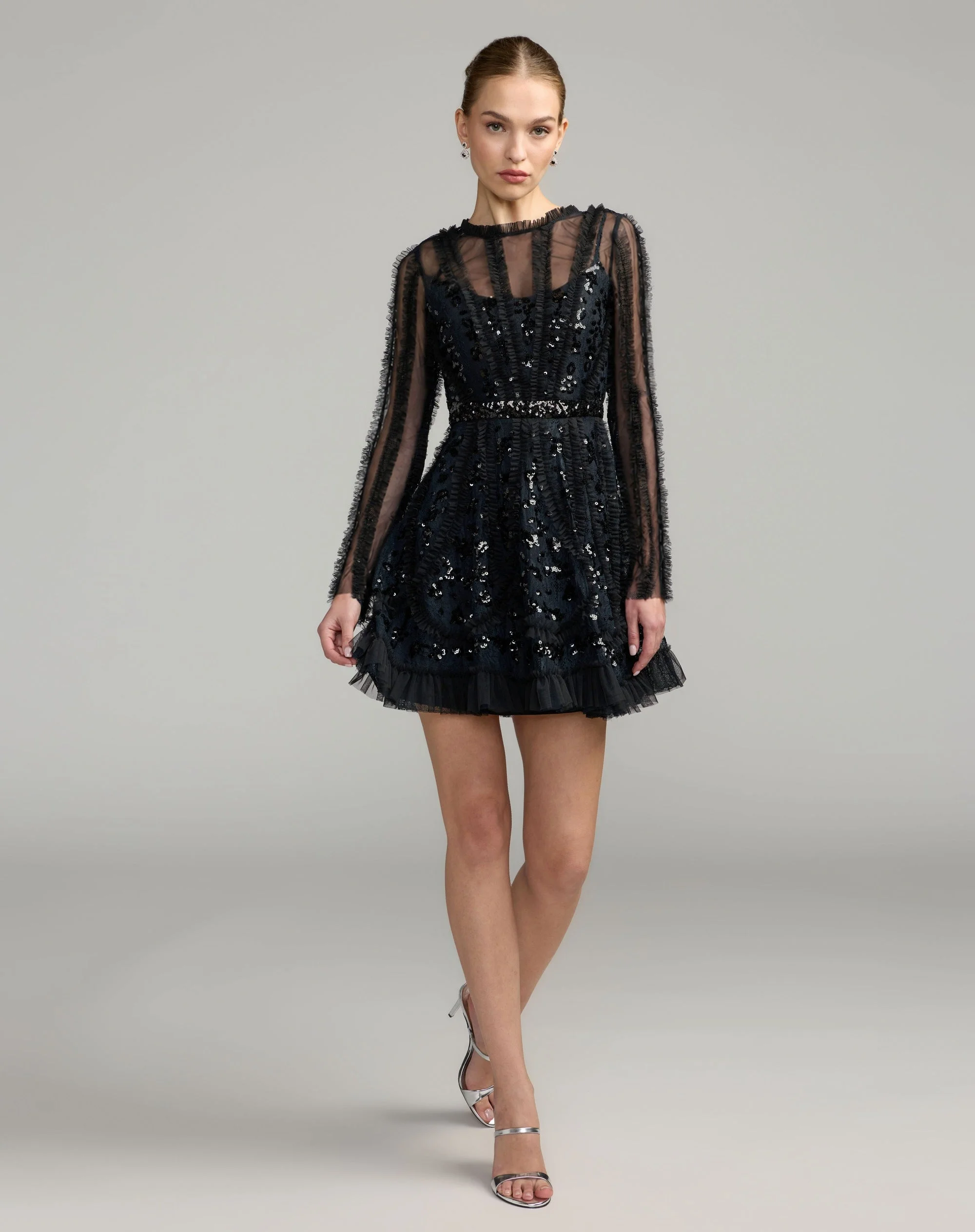 Black Nude Long Sleeve Sequin Ruffle Mini Dress - 1