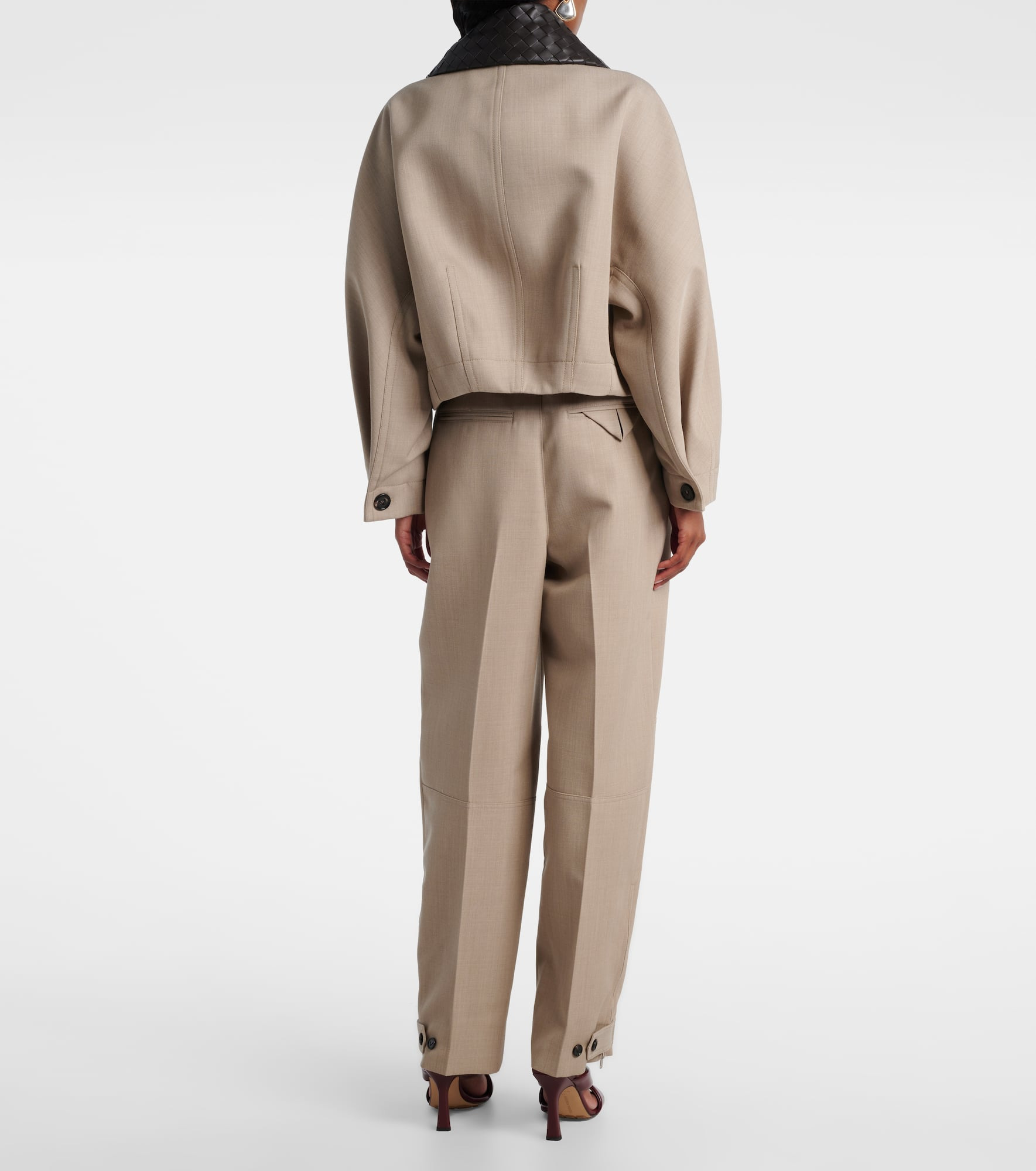 Cropped leather-trimmed wool jacket - 3