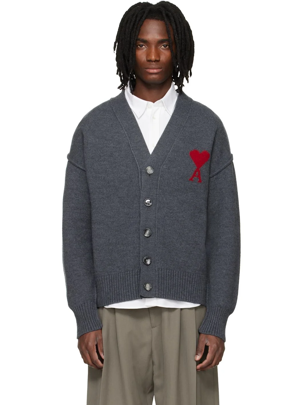 Gray Wool Contrasted Ami de Coeur Cardigan - 1