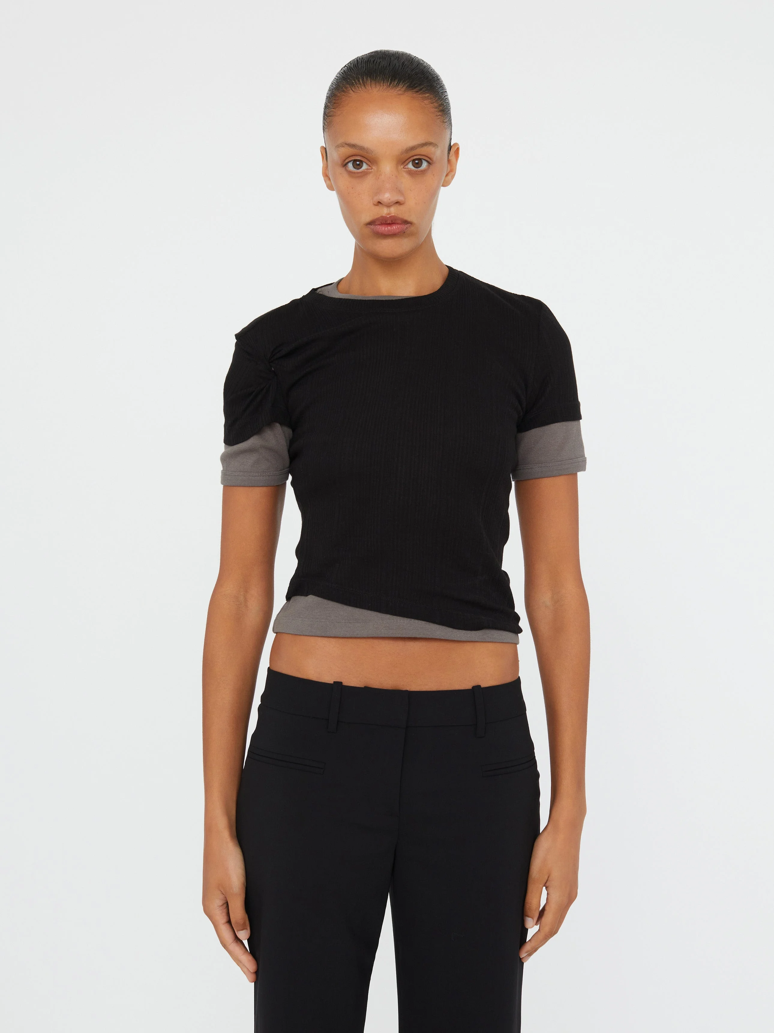 Sheer Ribbed Overlay Loophole Tee - 1