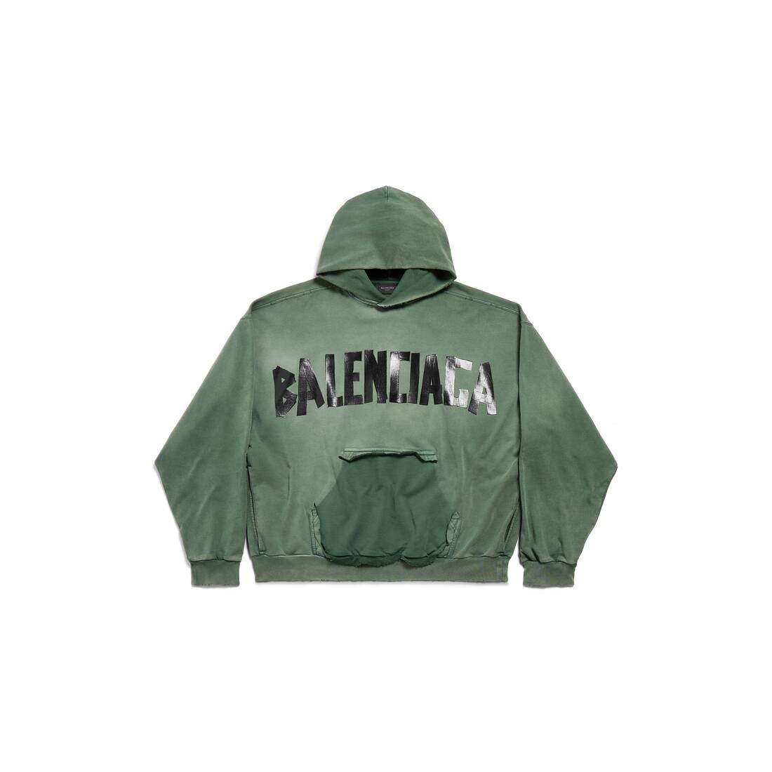 New Tape Type Ripped Pocket Hoodie Large Fit in Dark Green - 1