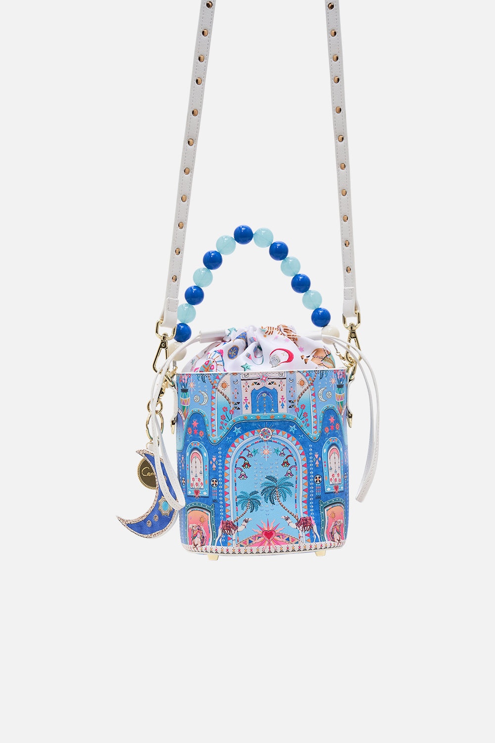 DRAWSTRING BUCKET BAG WITH BEADED HANDLE - 3
