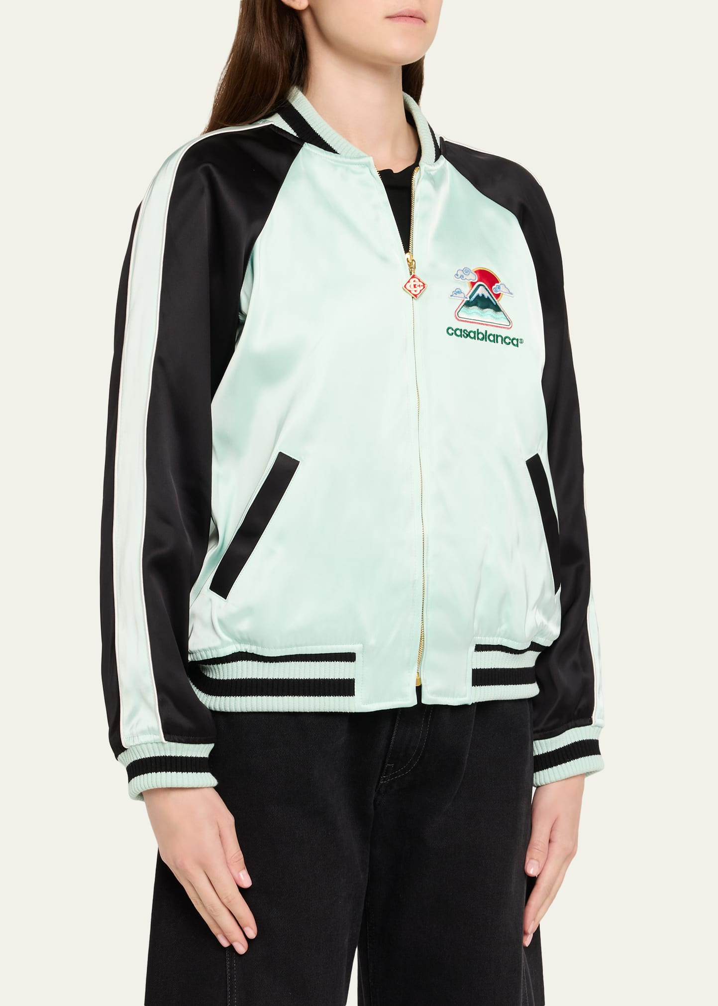 Embroidered Bicolor Satin Bomber Jacket - 4
