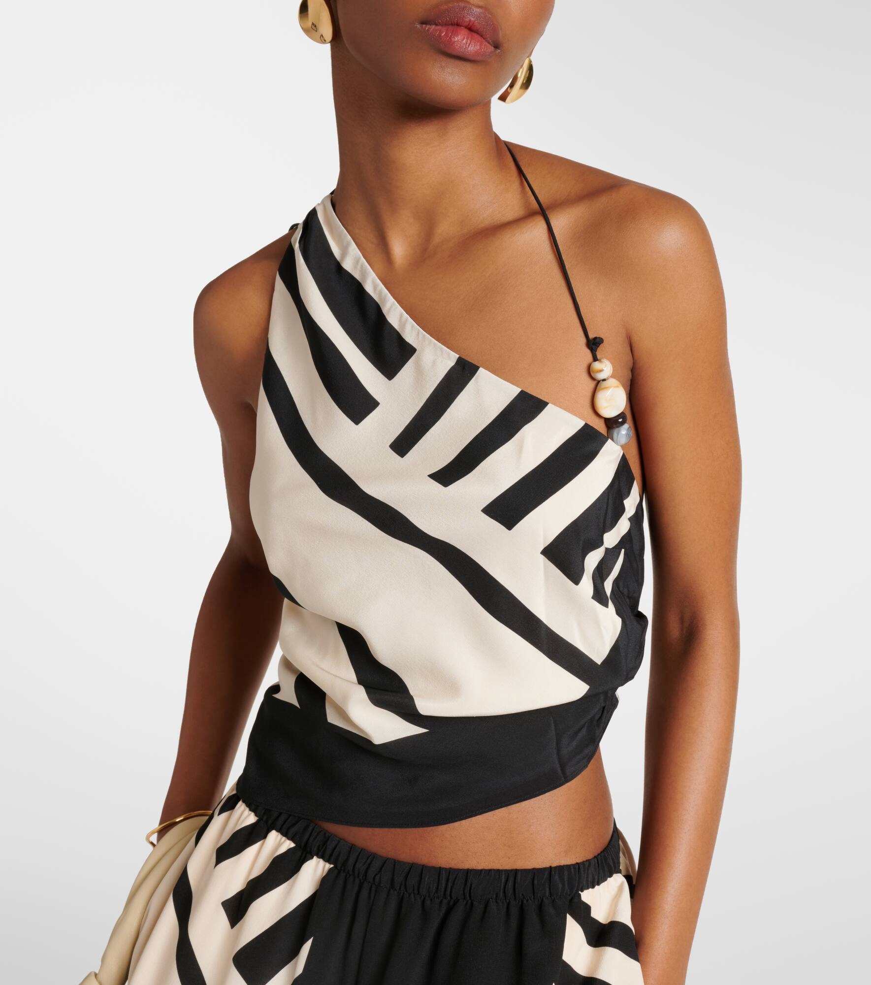Arte printed one-shoulder silk satin crop top - 5